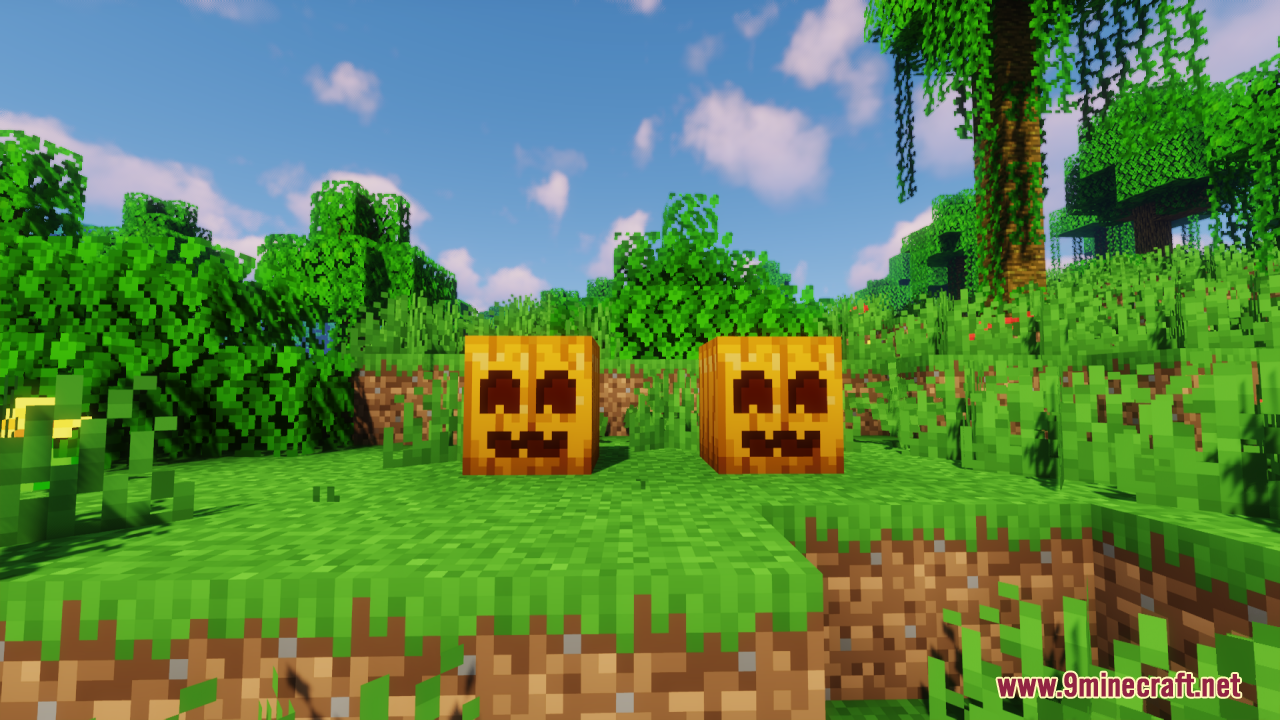 Two carved pumpkins with cute smiling faces sitting on green grass