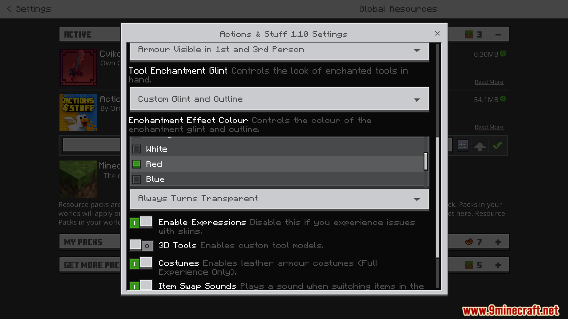 Adjusting enchantment effect colors in a Minecraft resource pack configuration menu
