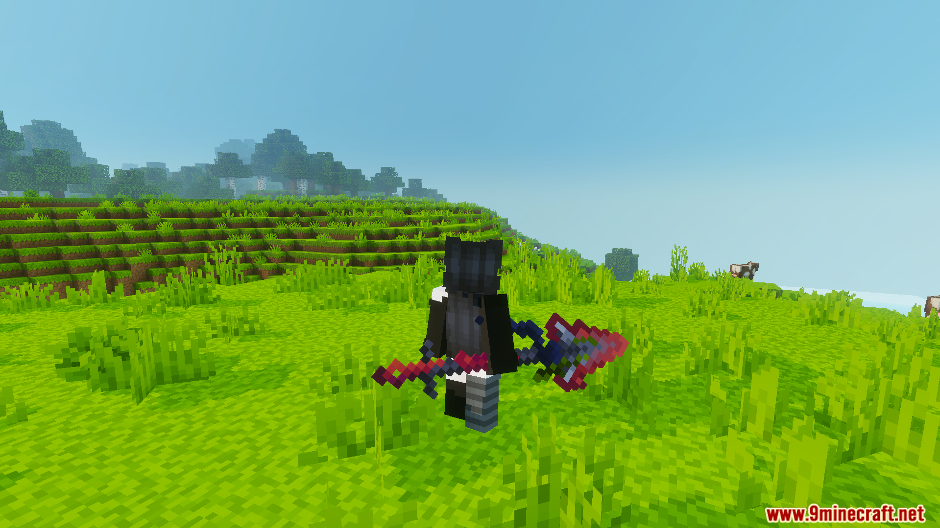 Player character viewed from behind holding a large custom red and blue spear