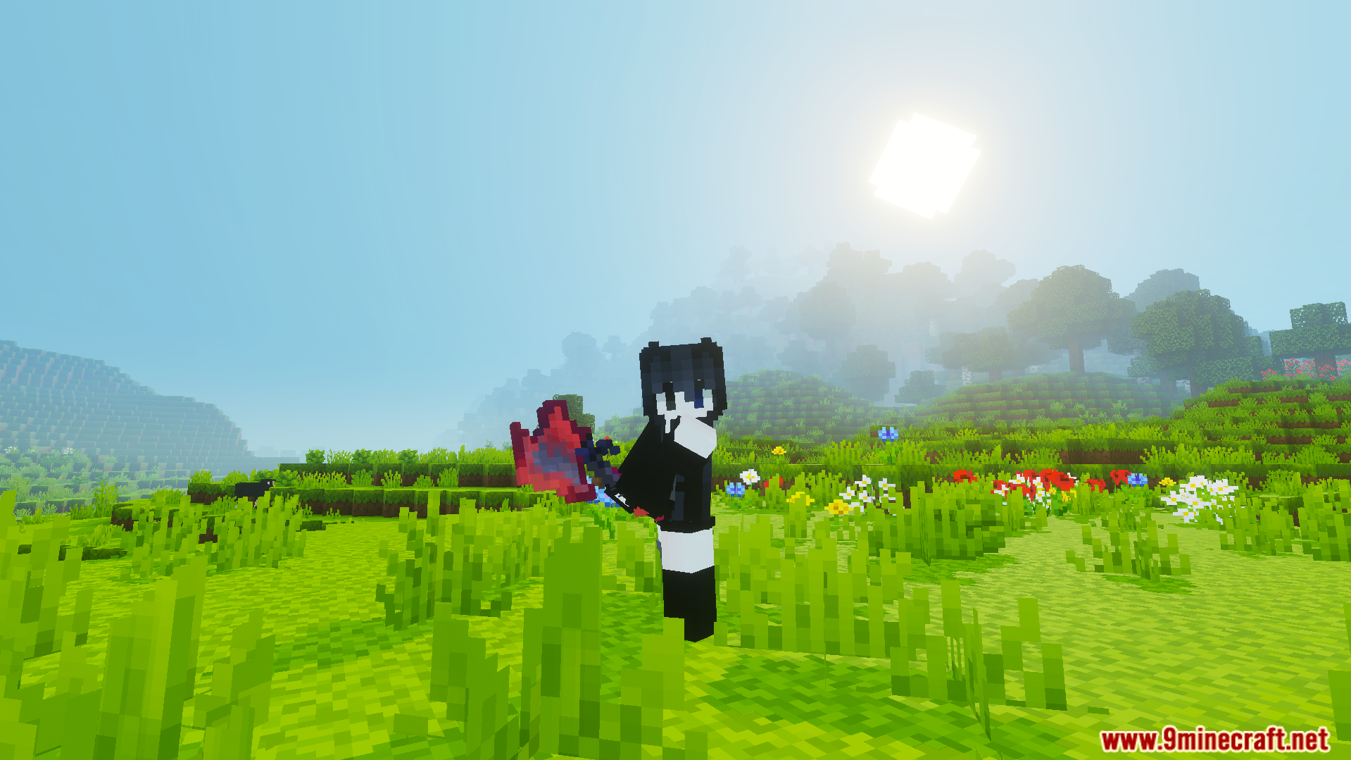 Player wielding a red axe in a grassy field