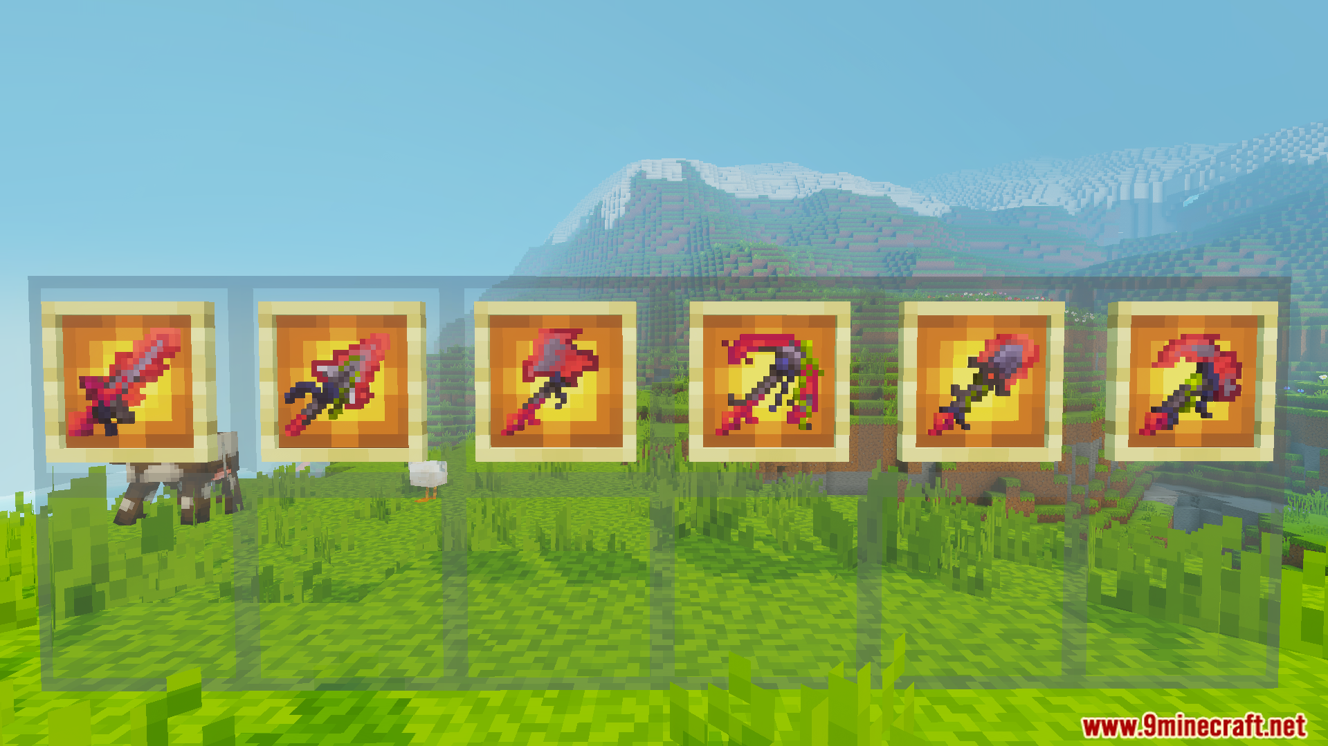 Six item frames displaying custom red and black tools in a grassy landscape