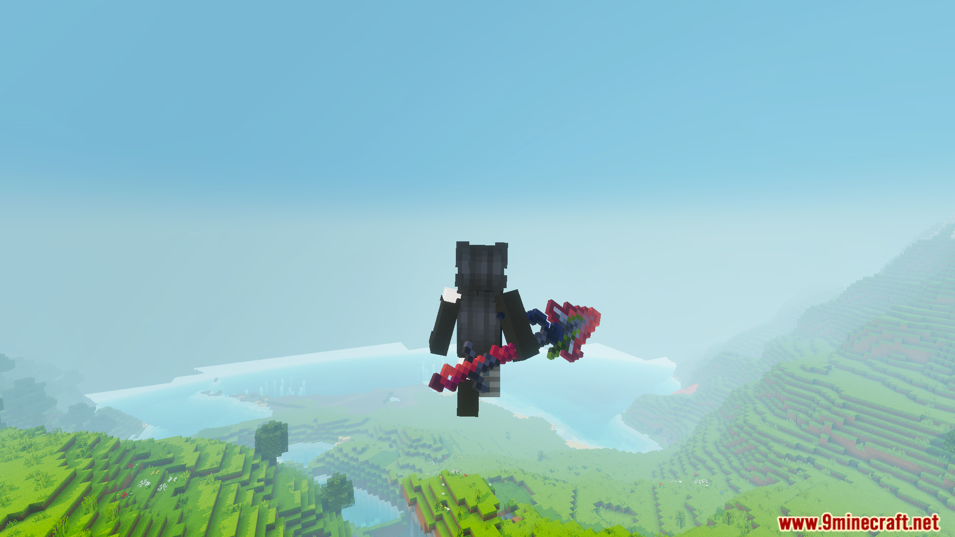 Player flying over a landscape while holding a large custom red weapon