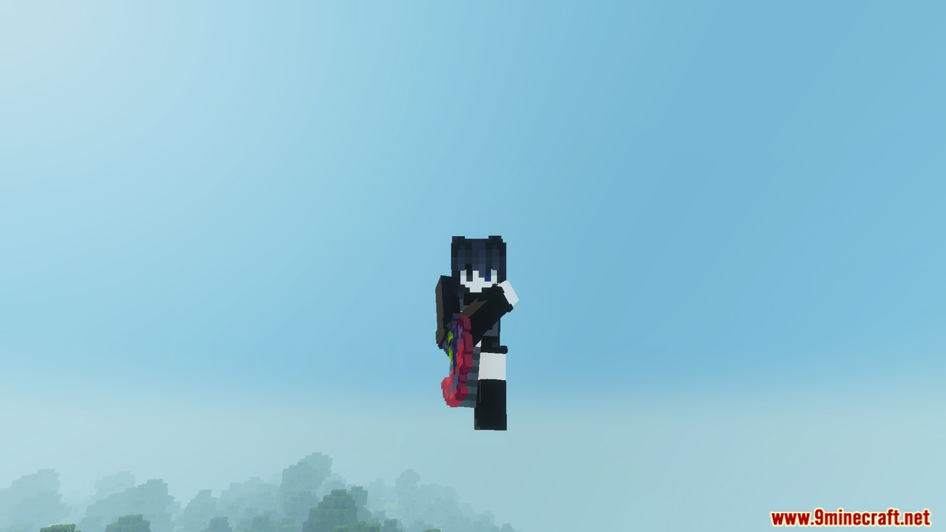 A player character is shown mid air holding a colorful item