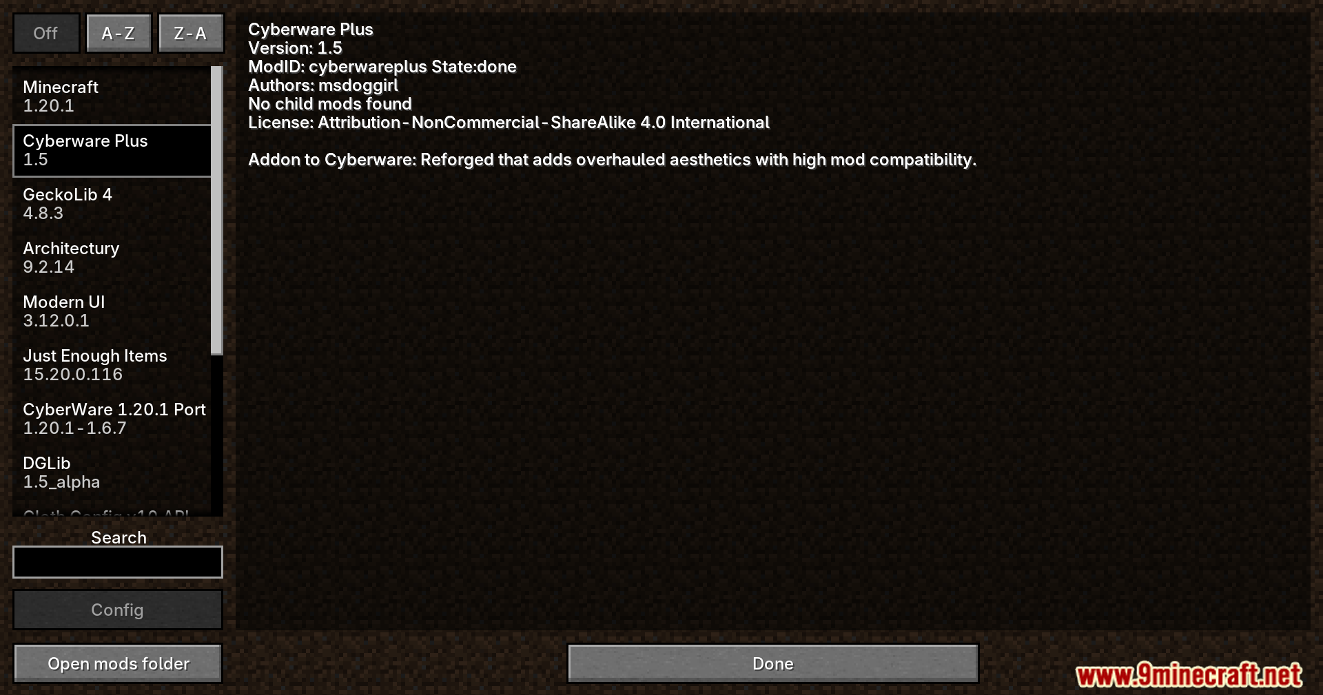 Mod list menu showing Cyberware Plus details and version info