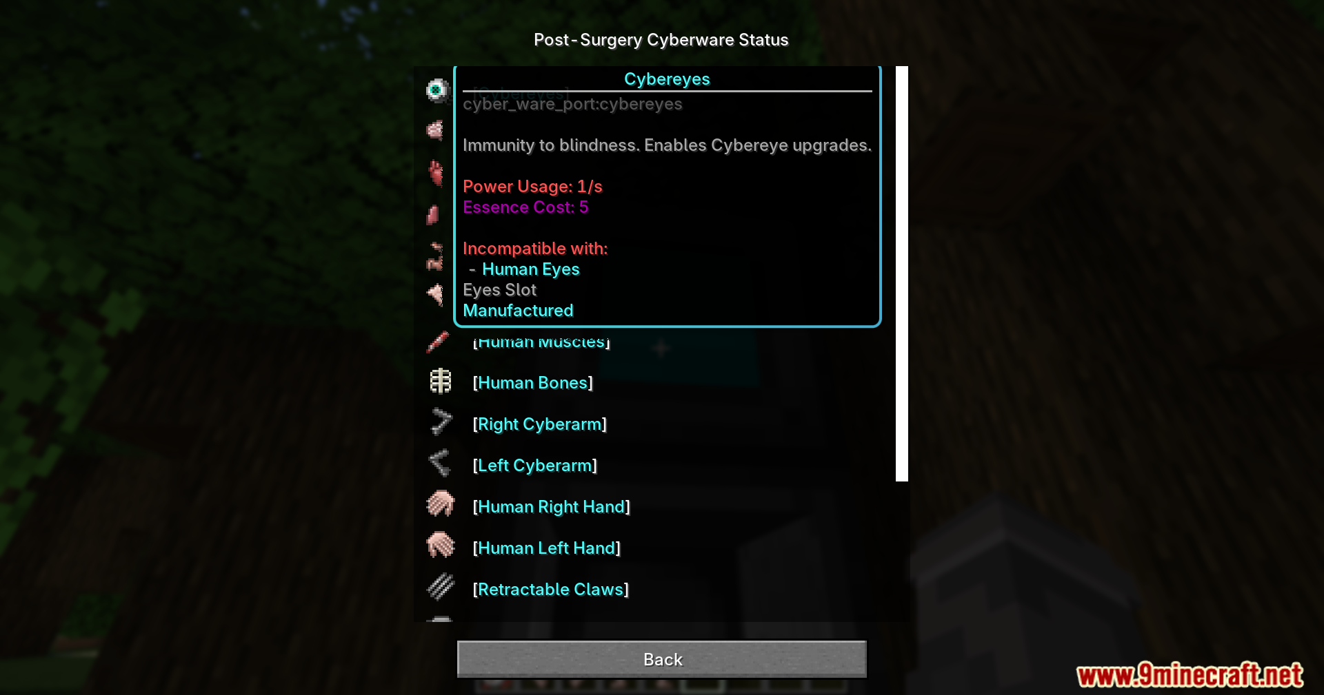Player checking the post surgery cyberware status menu for cybereyes upgrades