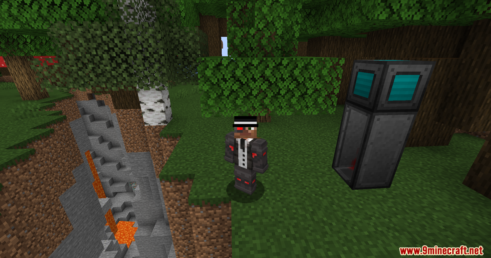 Player character with a cyborg eye and suit standing near a machine