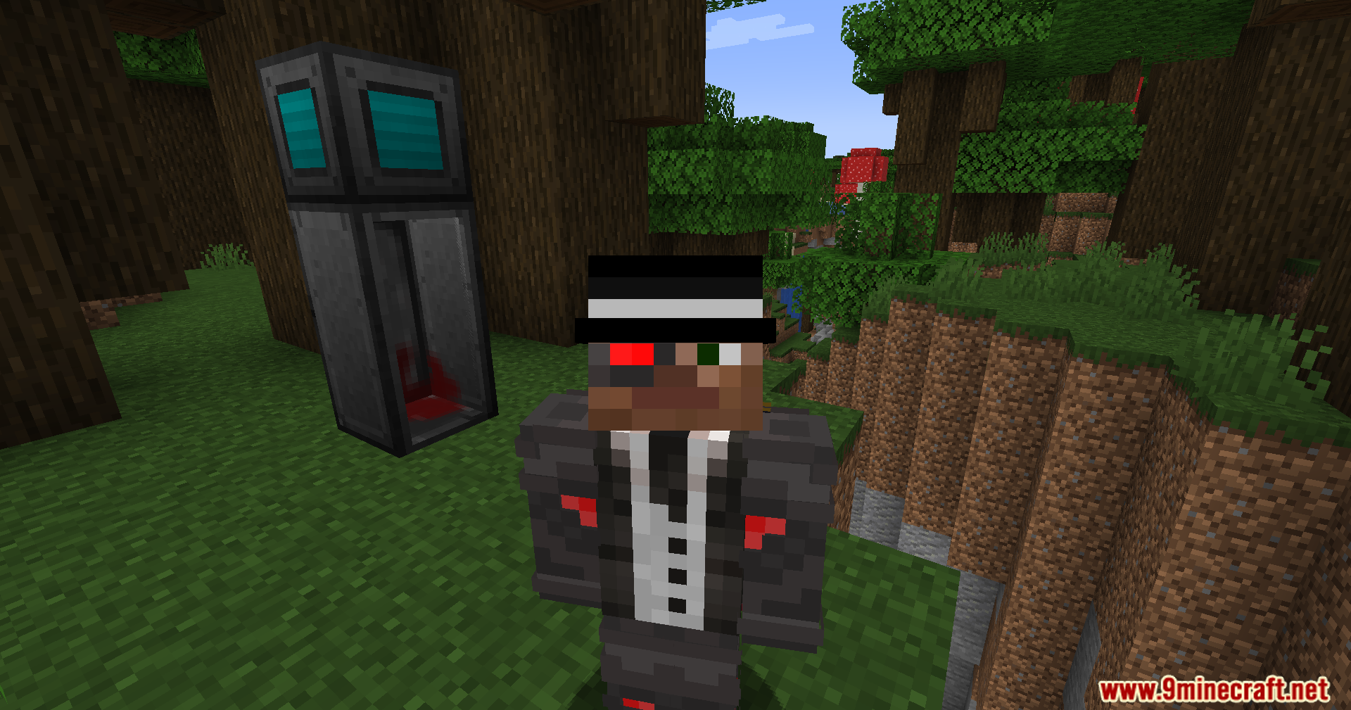 Close-up of player character with a cyborg eye and suit near a machine
