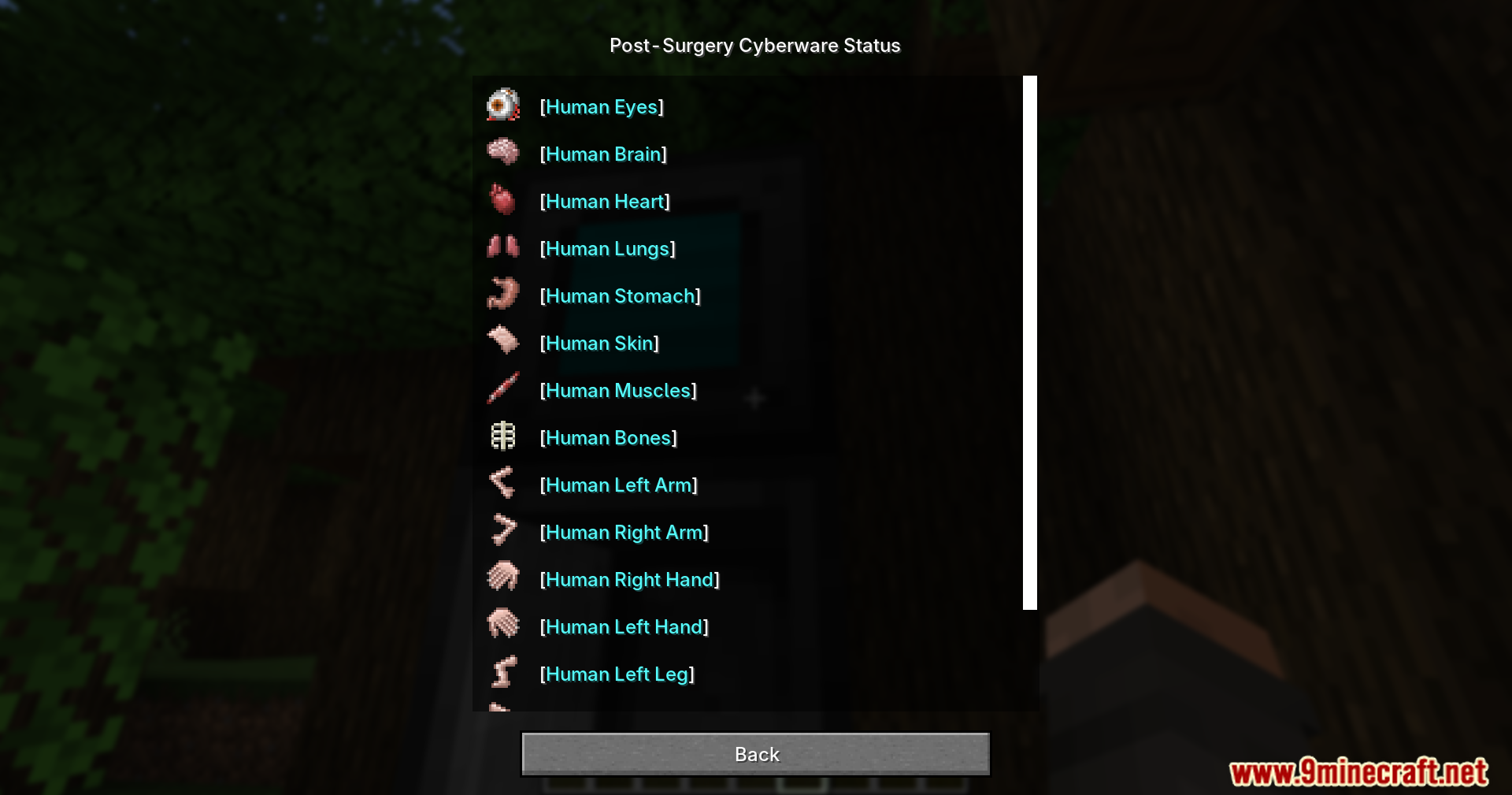 Post Surgery Cyberware Status menu listing human body parts