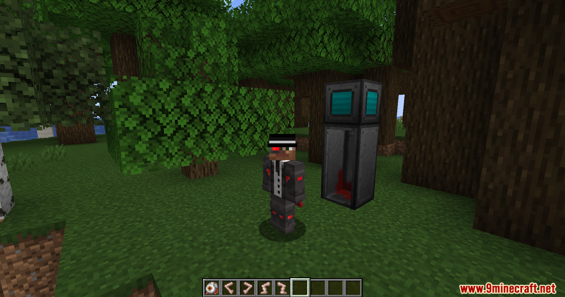 Player character with cybernetic eye and suit standing near machine