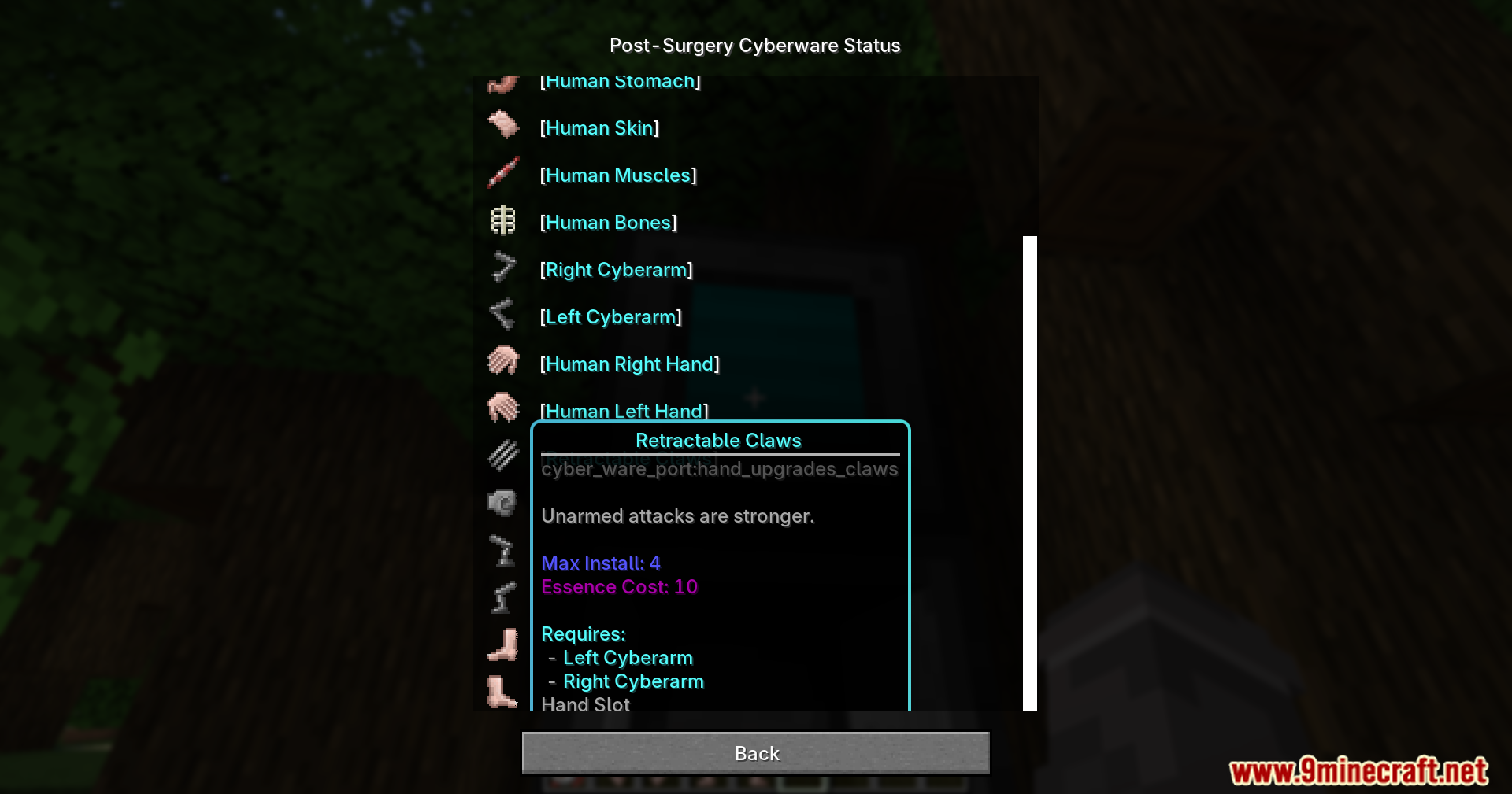 Post-Surgery Cyberware Status menu showing Retractable Claws upgrade details