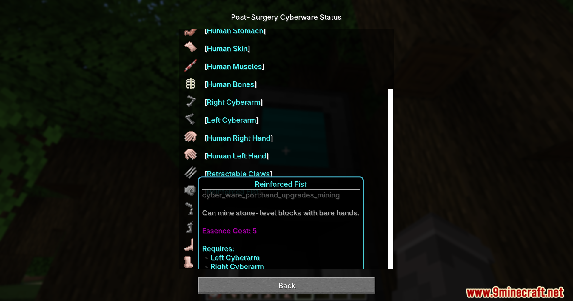 Player viewing the reinforced fist upgrade in the cyberware status menu