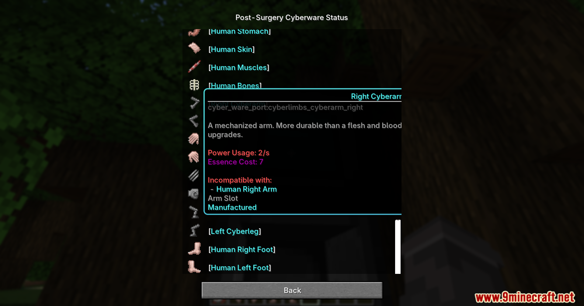 Checking the right cyberarm details within the post surgery status interface