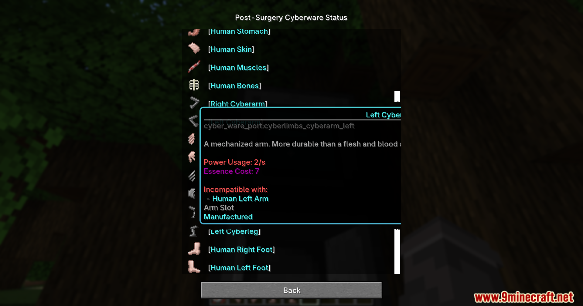 Player viewing the post surgery cyberware status menu for a left cyberarm