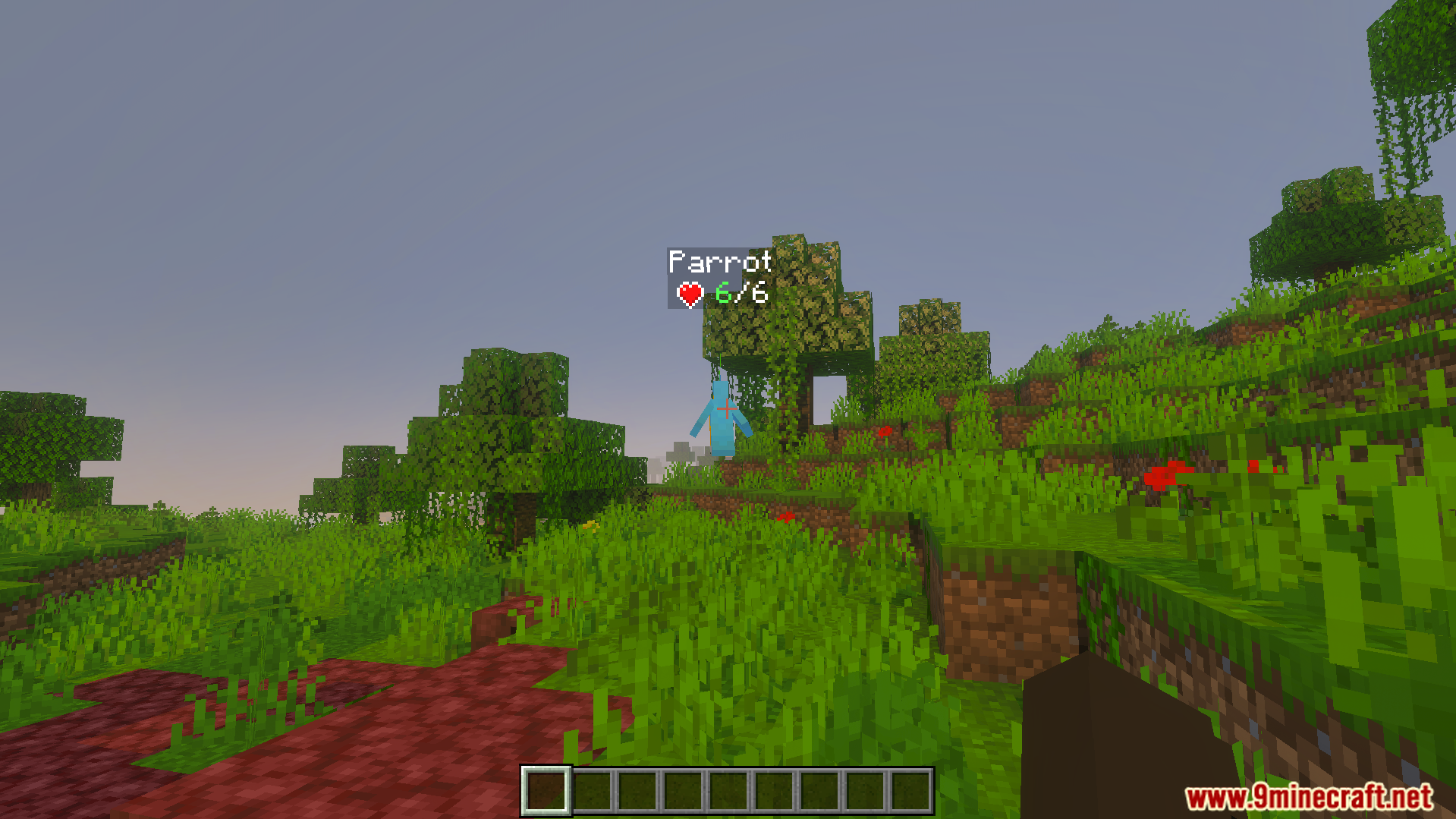 DHealth and Damage Bar Addon Screenshot 1 Blue parrot in a jungle biome with a health bar above its head