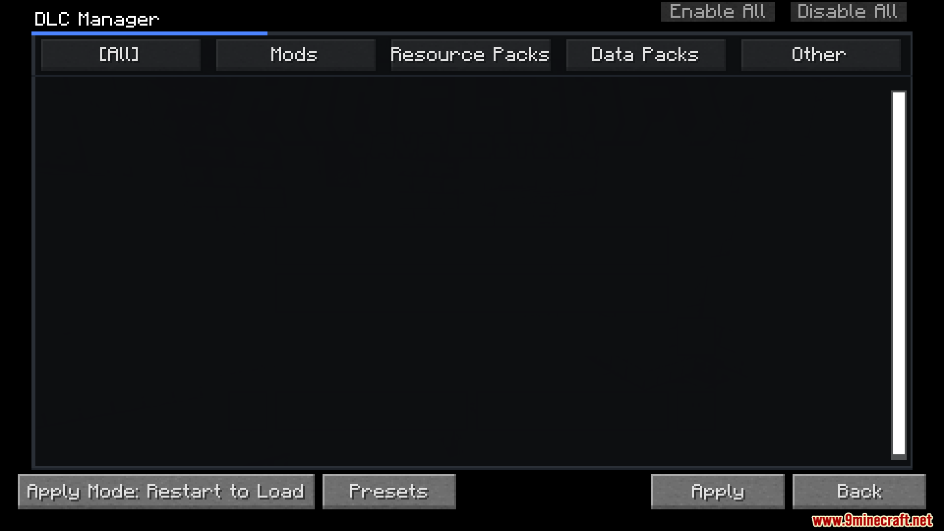 DLC Manager Mod Screenshot 1 A menu screen for managing downloadable content in a game