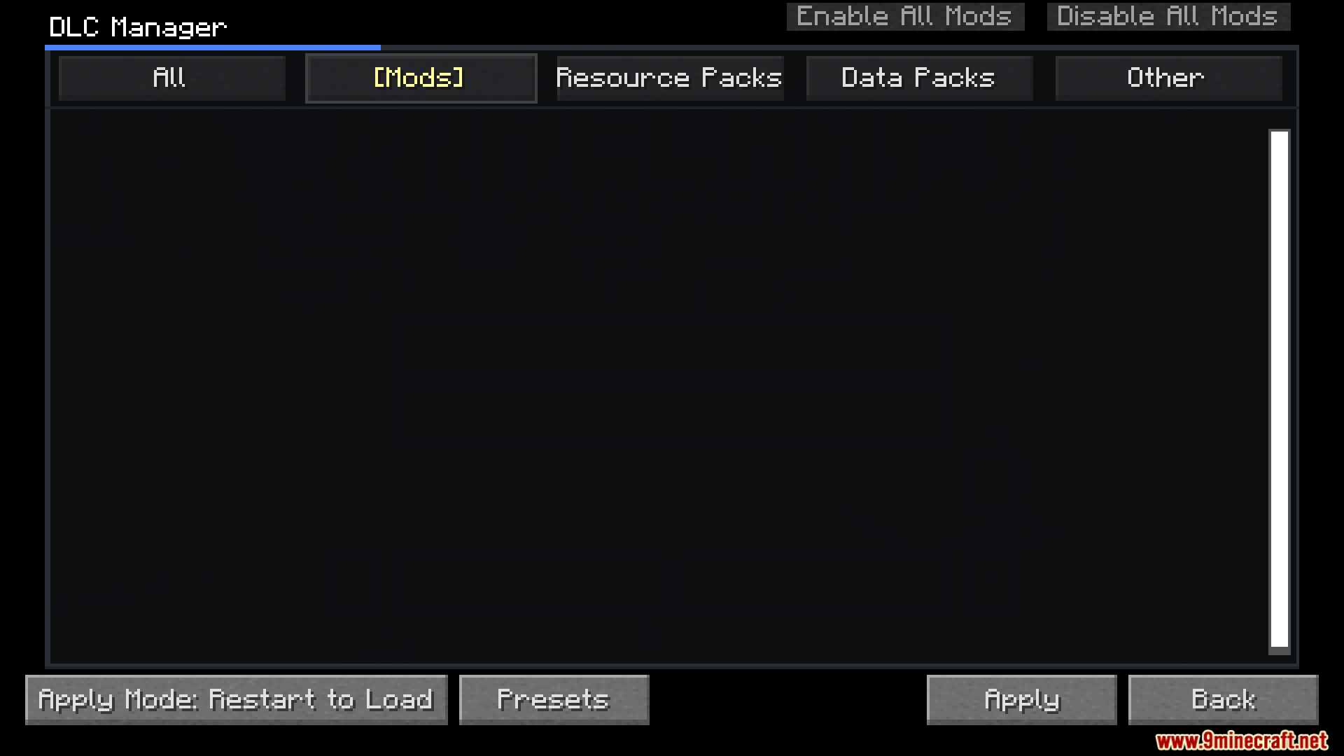 DLC Manager Mod Screenshot 5 DLC Manager interface with tabs for mods resource packs and data packs