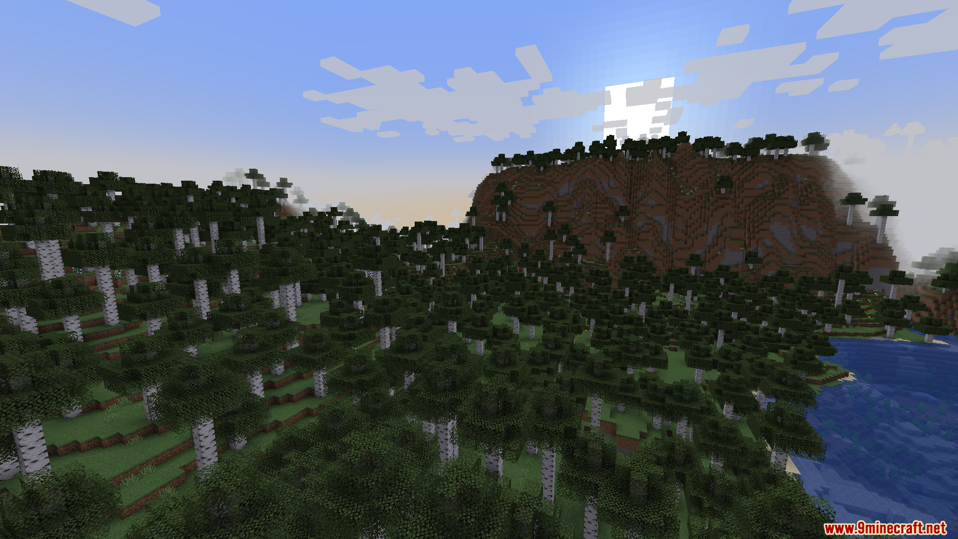 DLC Manager Mod Screenshot 7 A dense birch forest biome next to a large mountain