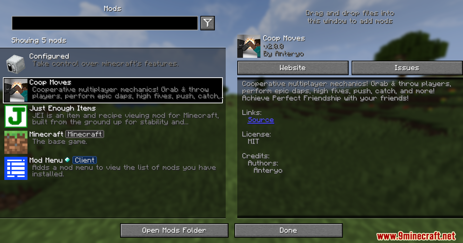 Viewing the Coop Moves mod details in the Minecraft mods menu screen
