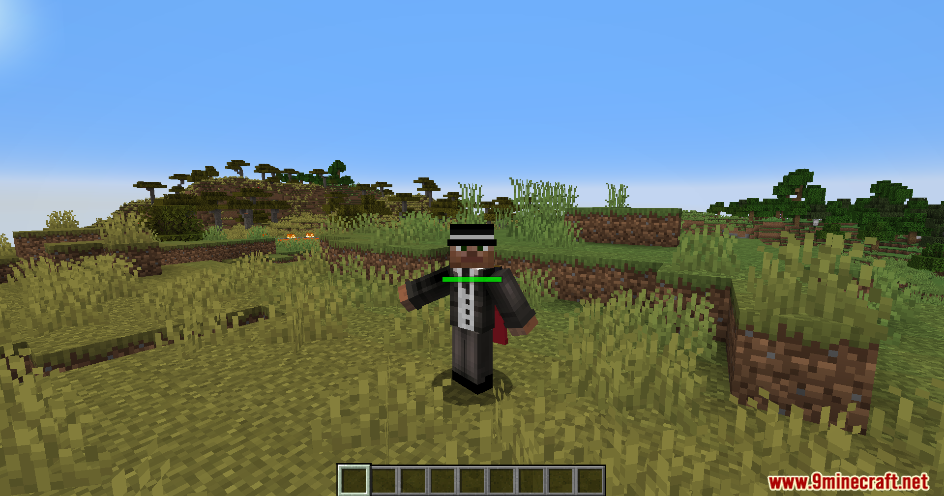 Minecraft player in a top hat performing a high five animation