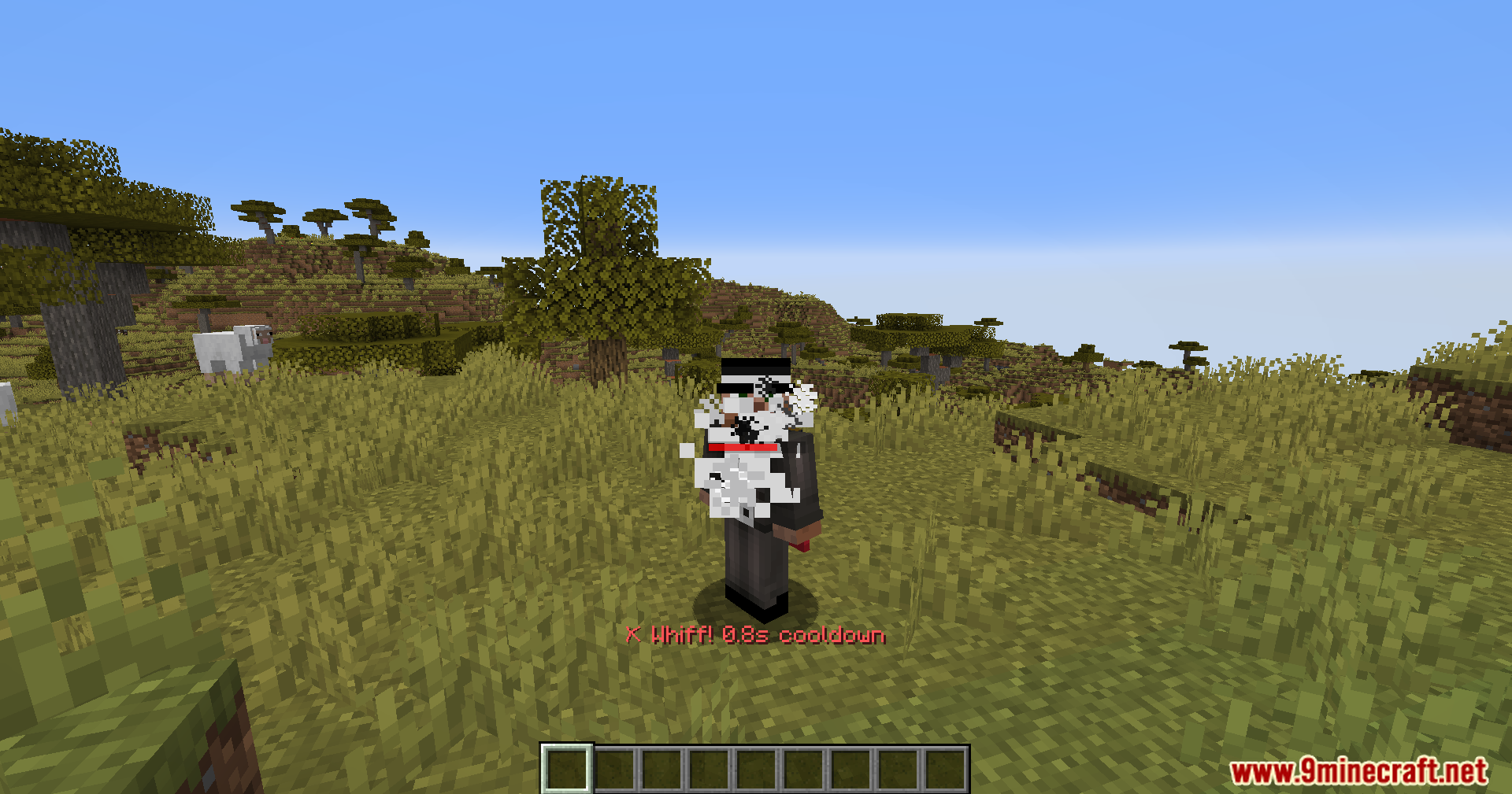 Player character surrounded by white smoke particles with text Whiff 0.8s cooldown