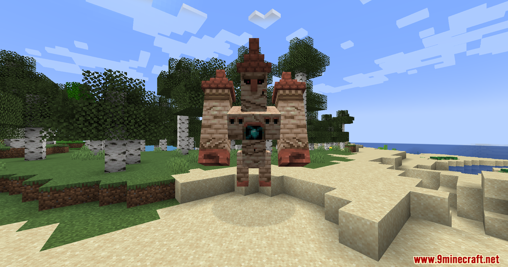 A frontal view of the custom sandstone and copper golem