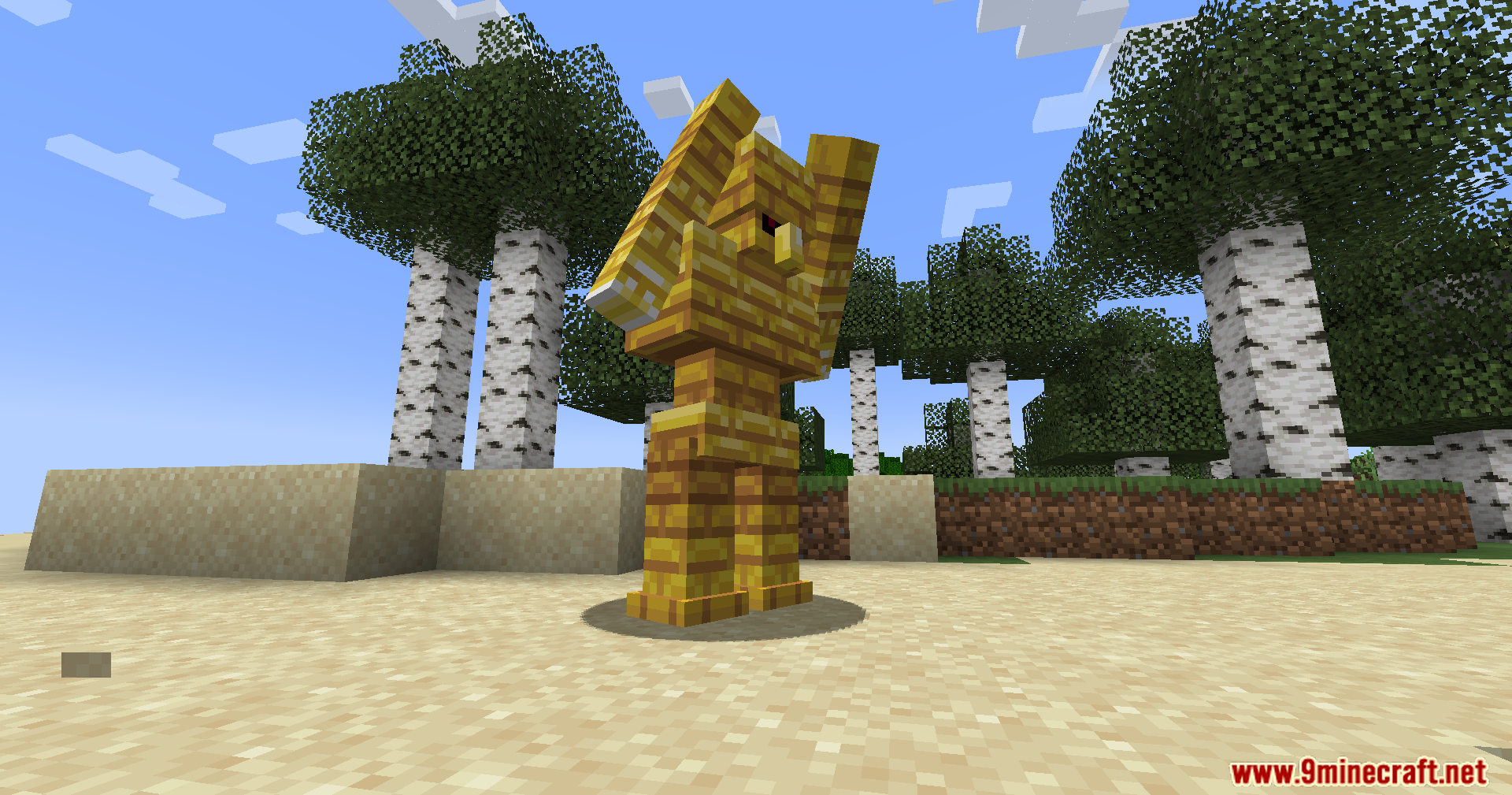 The gold golem raises its arm in an attack pose