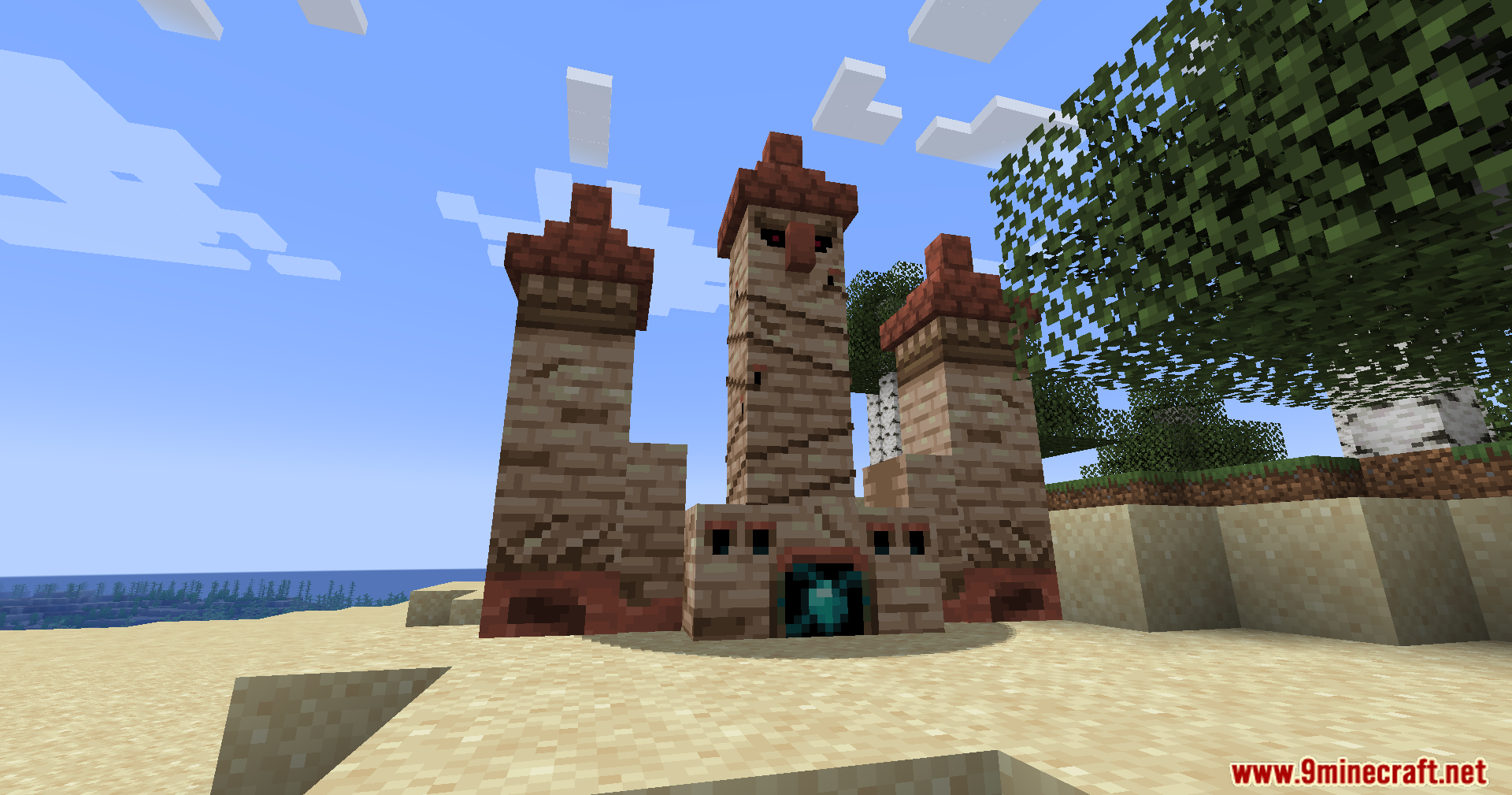 A golem structure with a glowing portal at its base