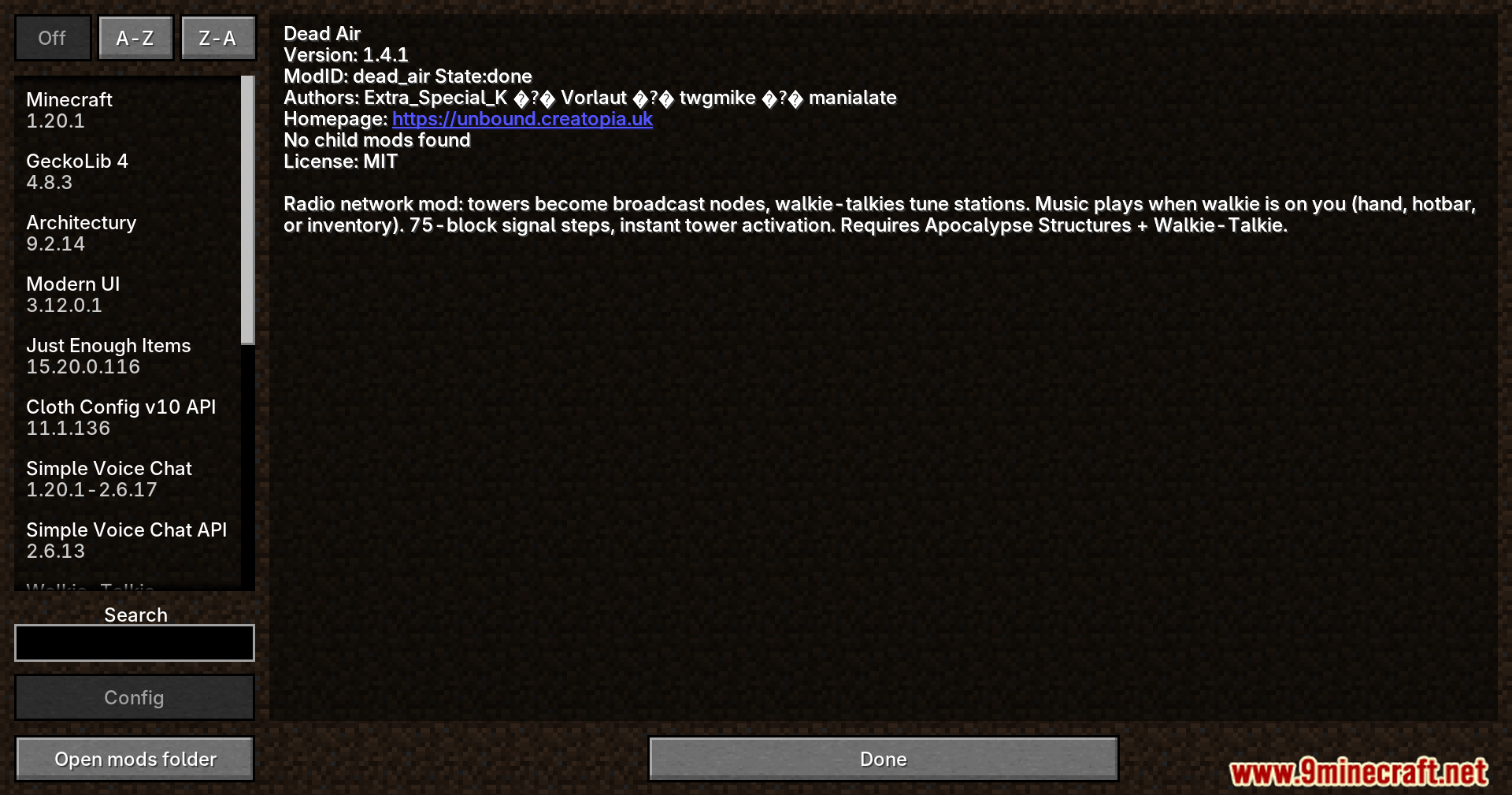 Dead Air mod information screen in Minecraft