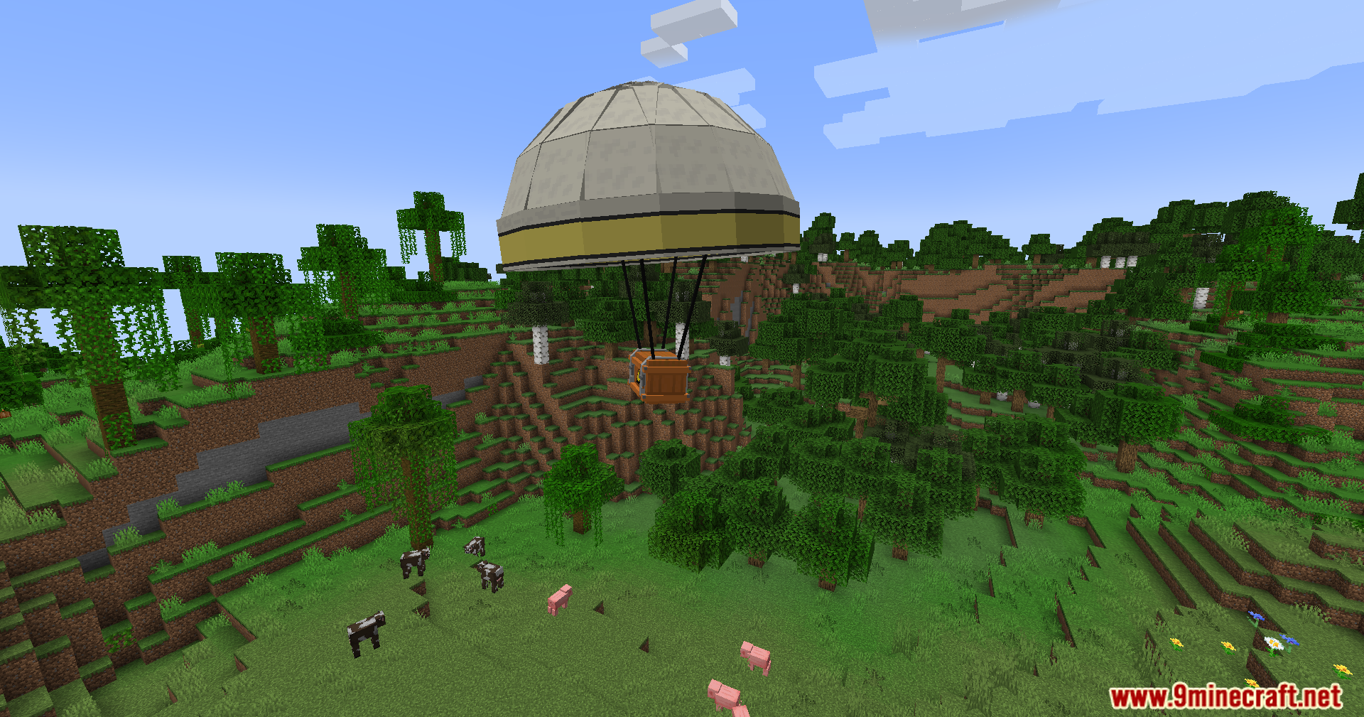 A supply airdrop arriving via hot air balloon