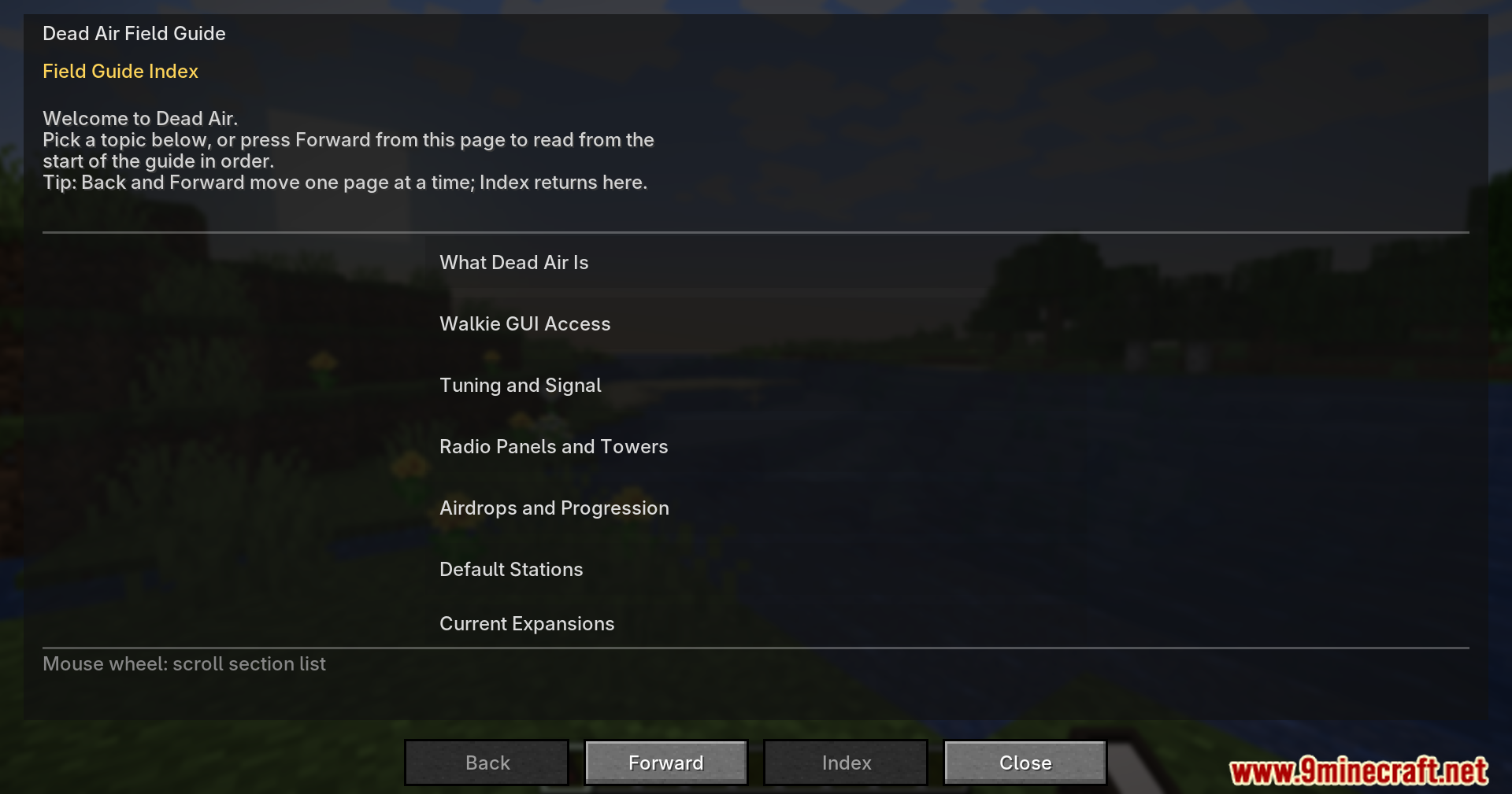The Dead Air mod in-game field guide index