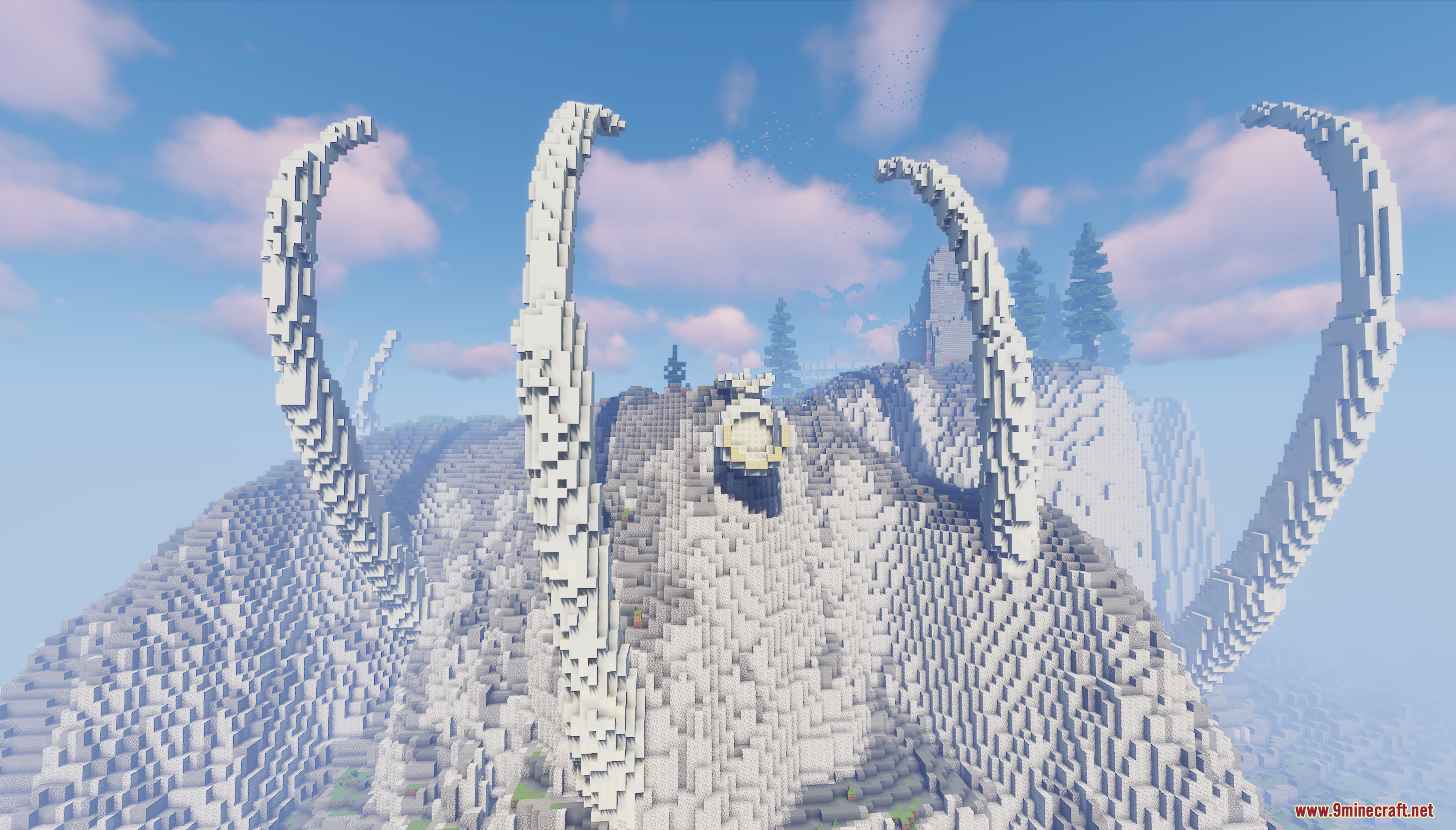 A colossal skeleton forms a mountainous island landscape