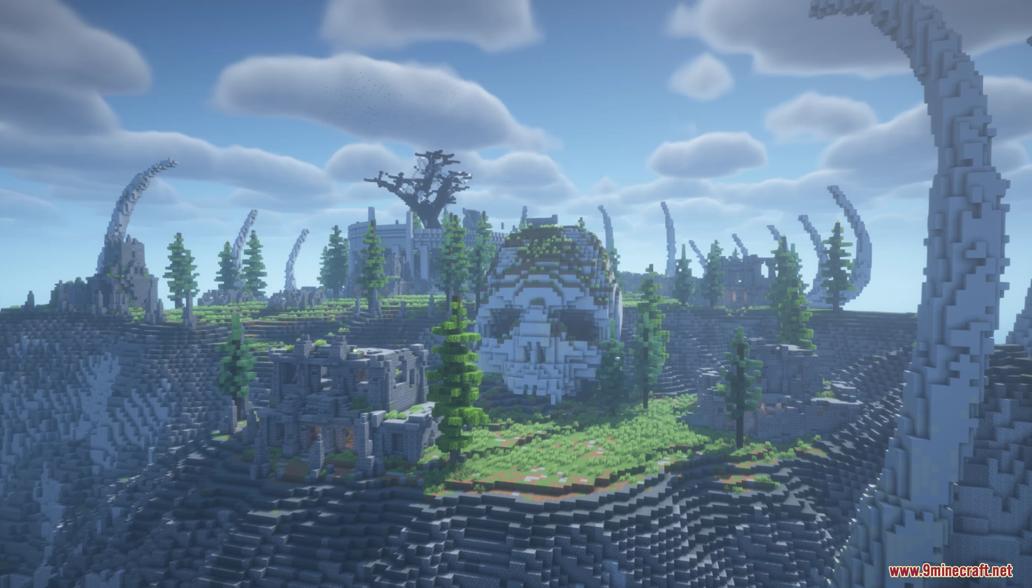 A giant skull overlooks ancient ruins on a skeletal island