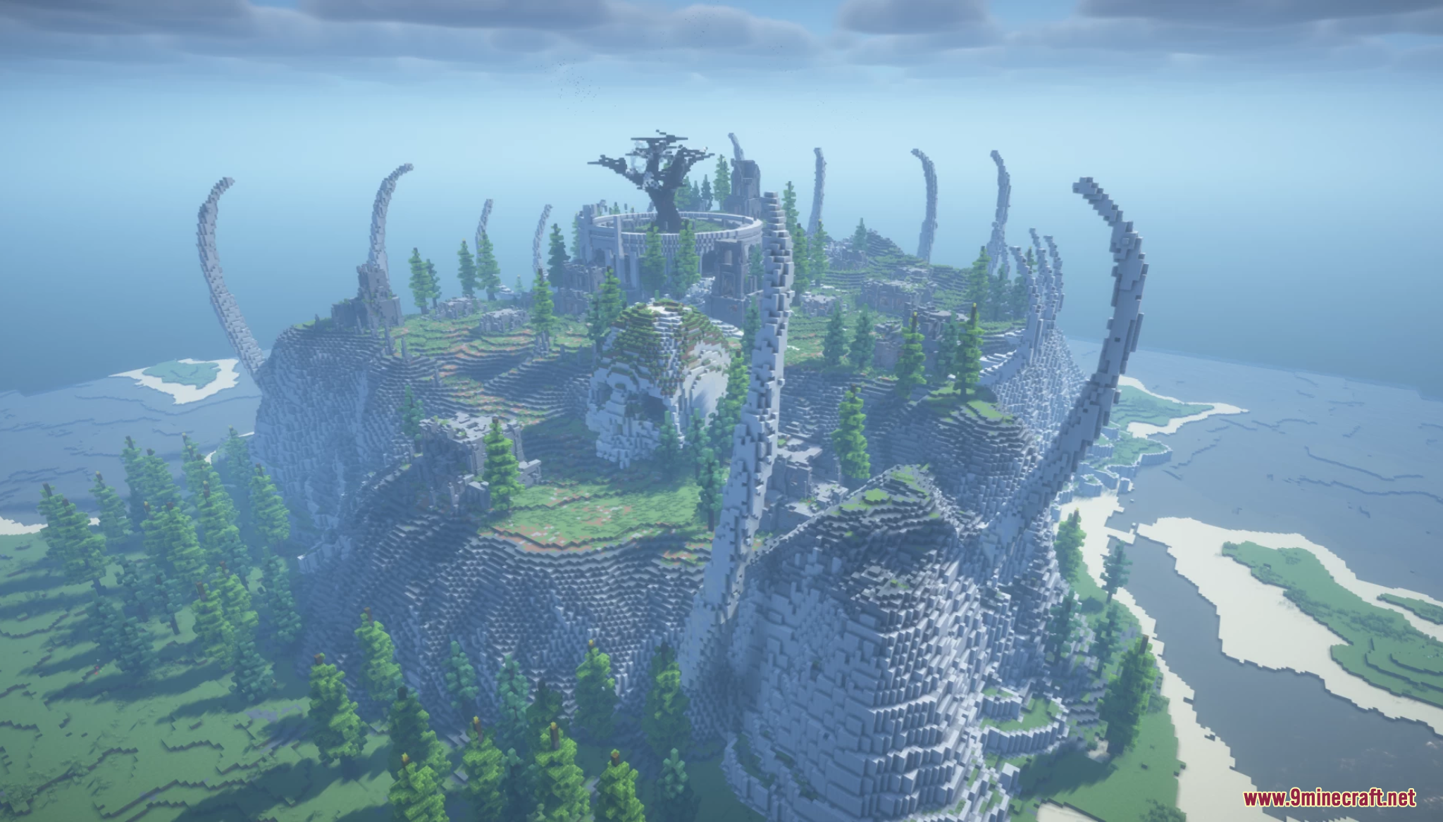 An ancient island with large skeletal bone structures