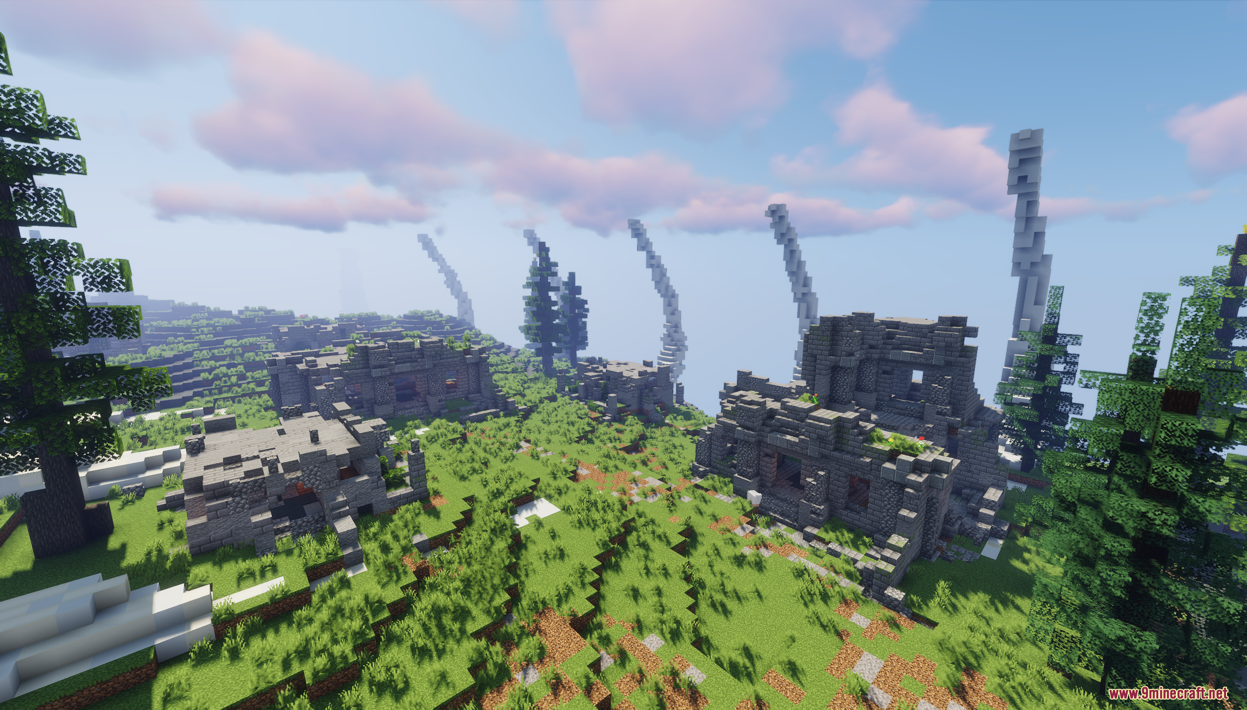 Scattered stone ruins across a grassy boneyard landscape