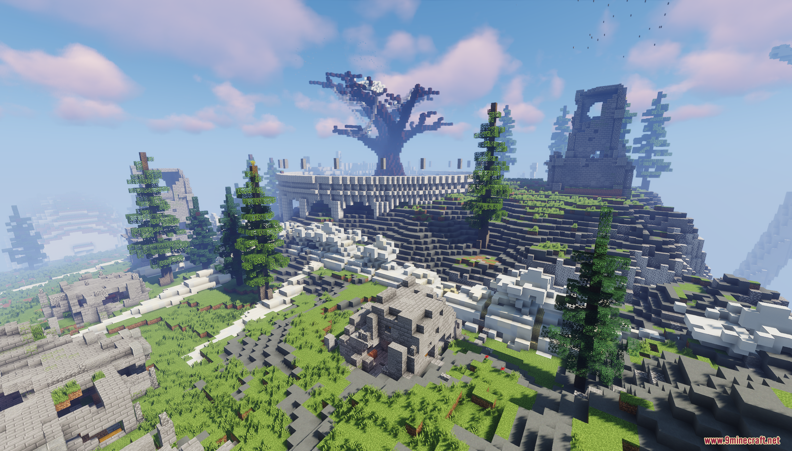 A large circular fortress surrounds a giant dead tree
