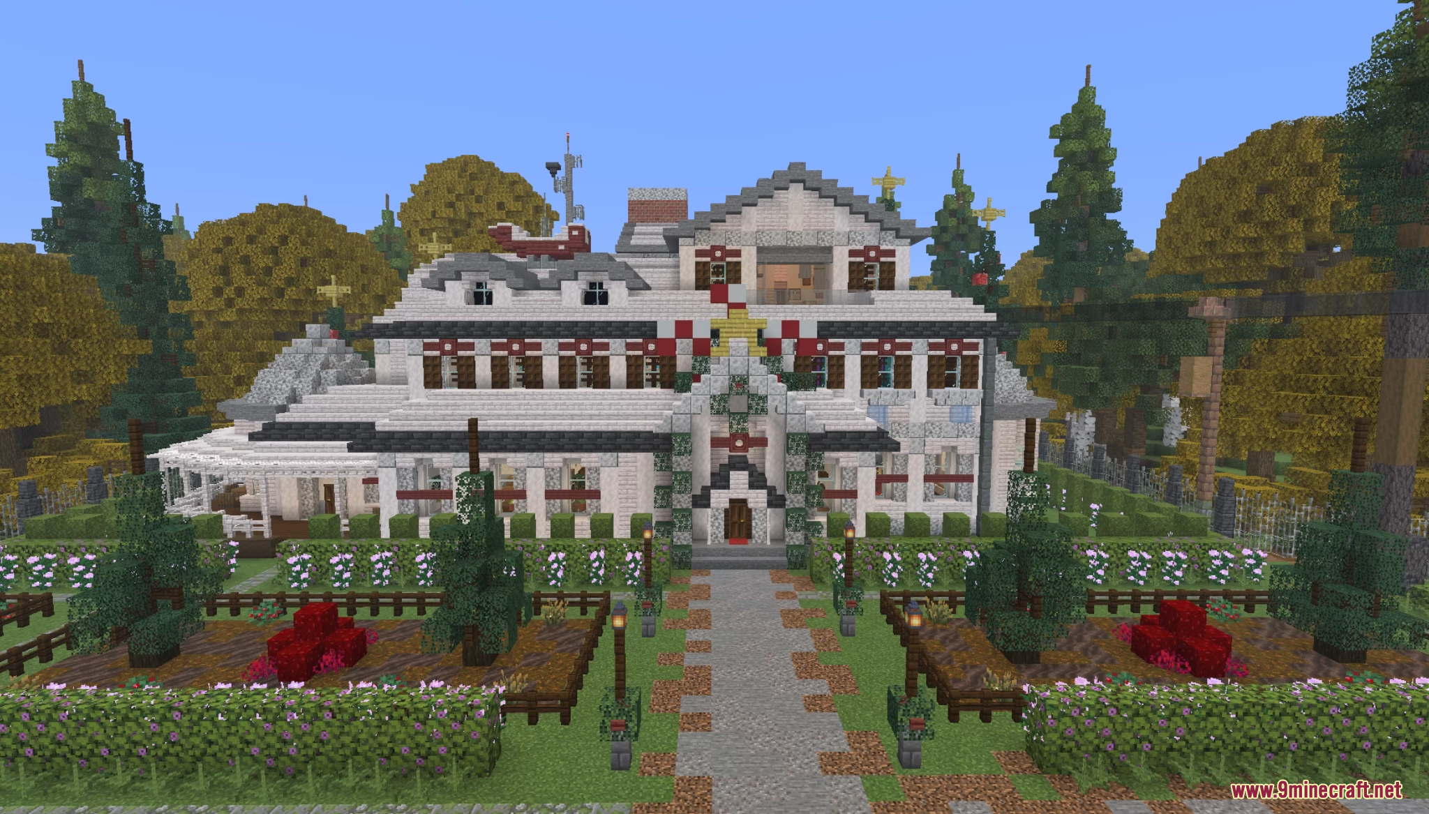 A detailed suburban house surrounded by autumn trees