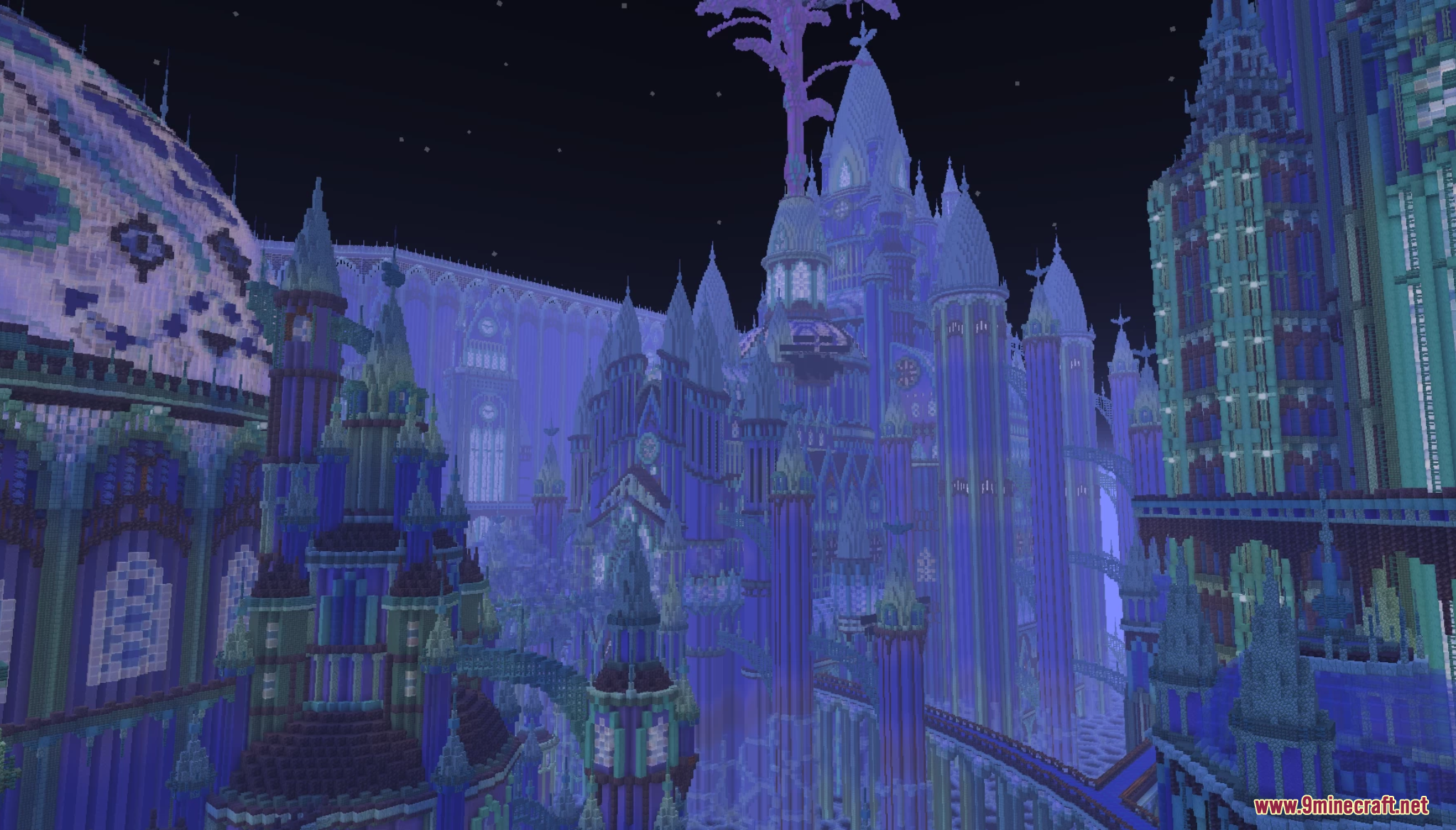An enormous, glowing blue and purple castle at night