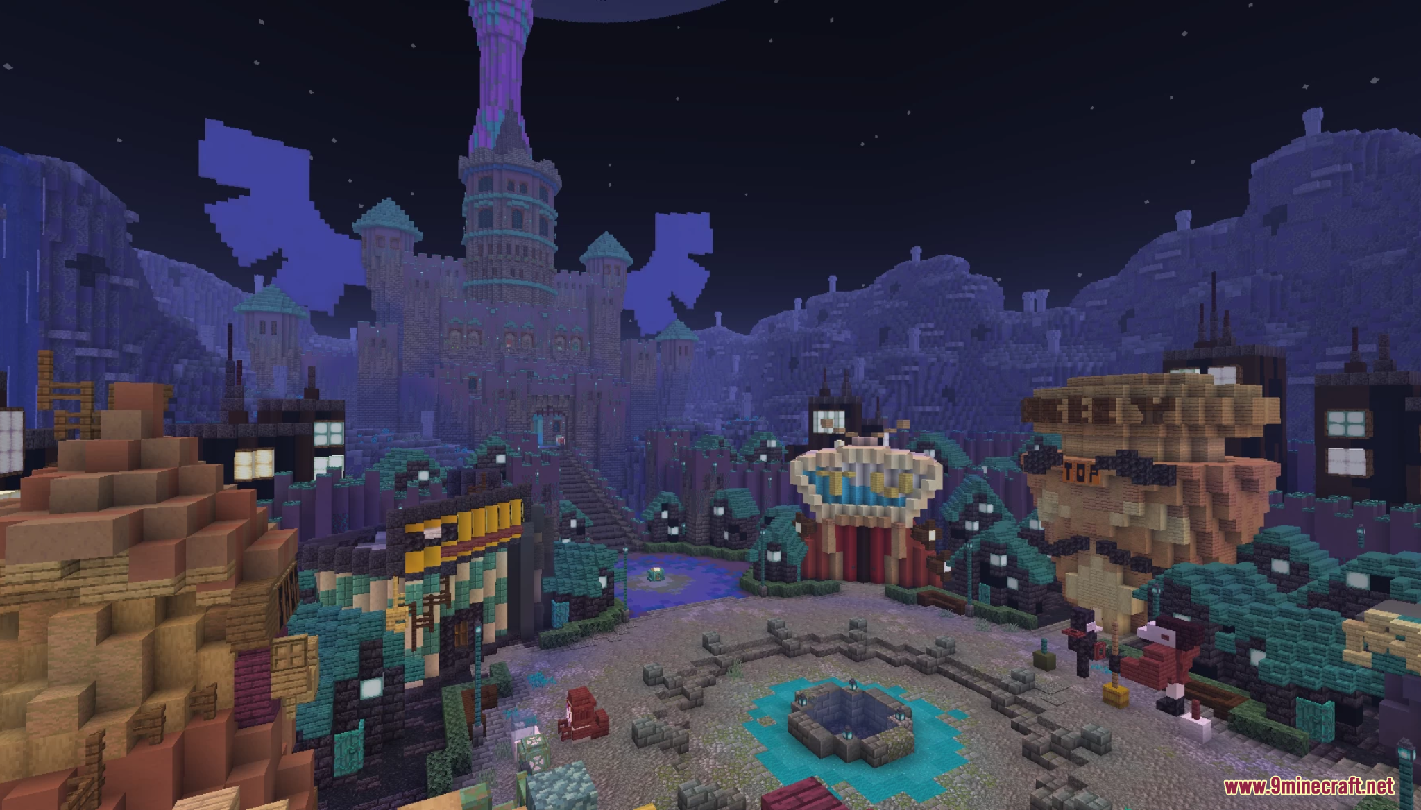 A vibrant town square with a large castle in the distance