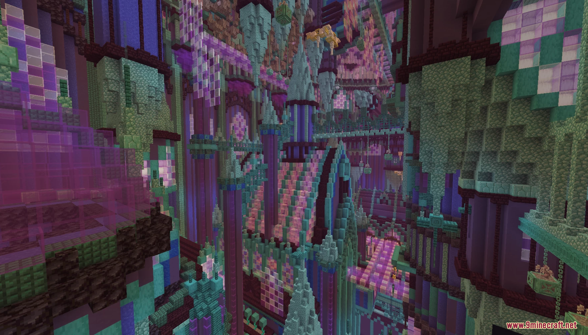 A chaotic and colorful city with intricate purple architecture
