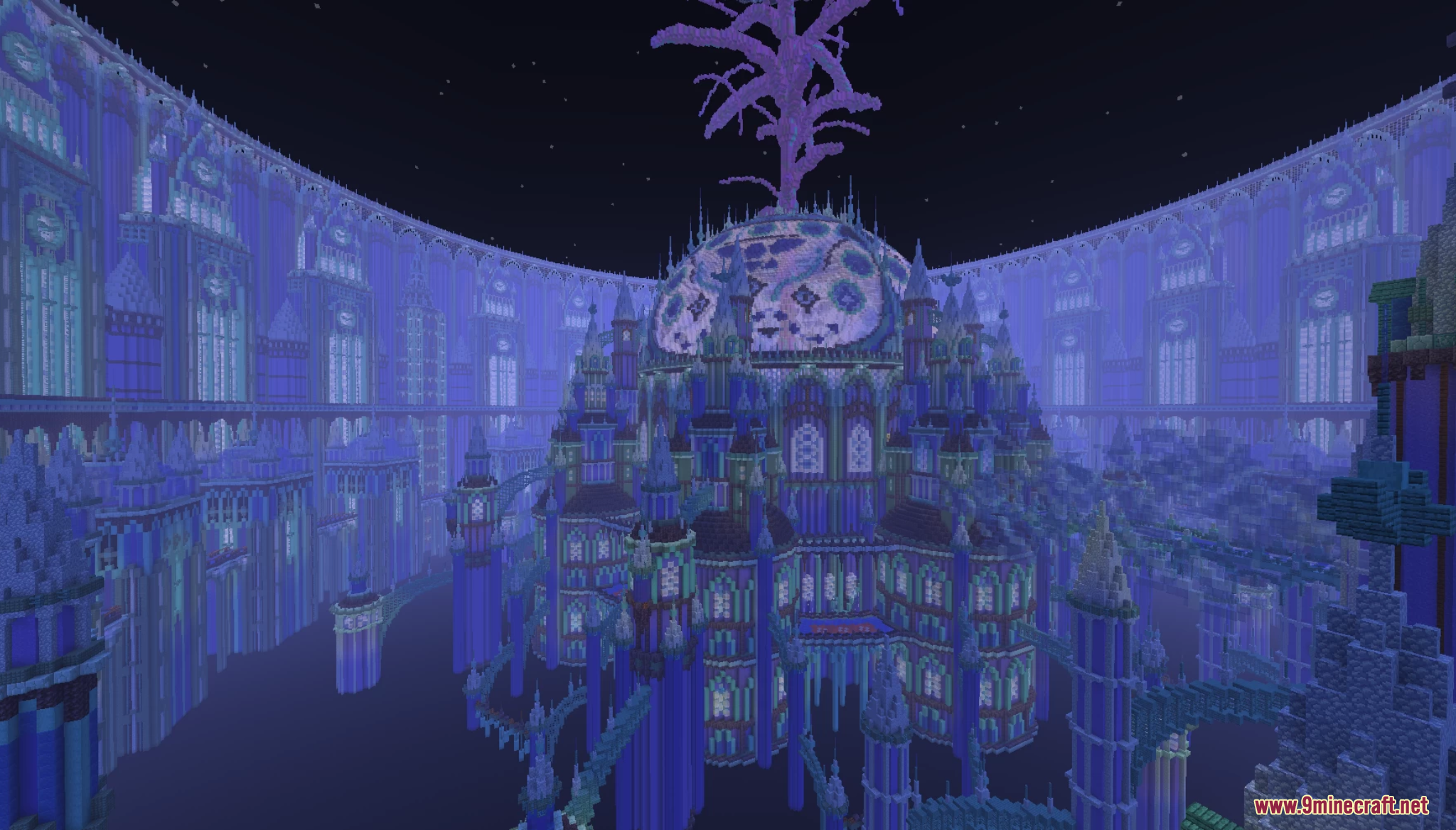 A massive glowing blue and purple castle at night