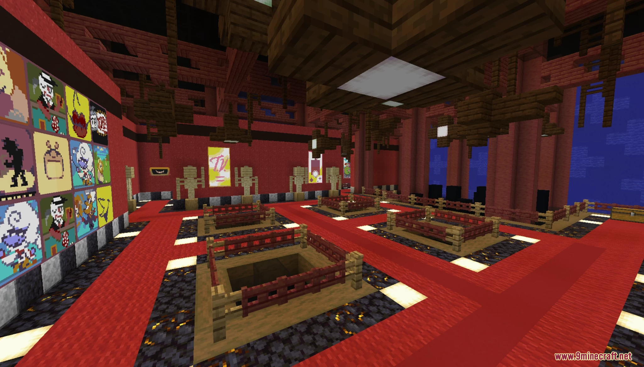 Grand hall with red carpets and skeleton statues