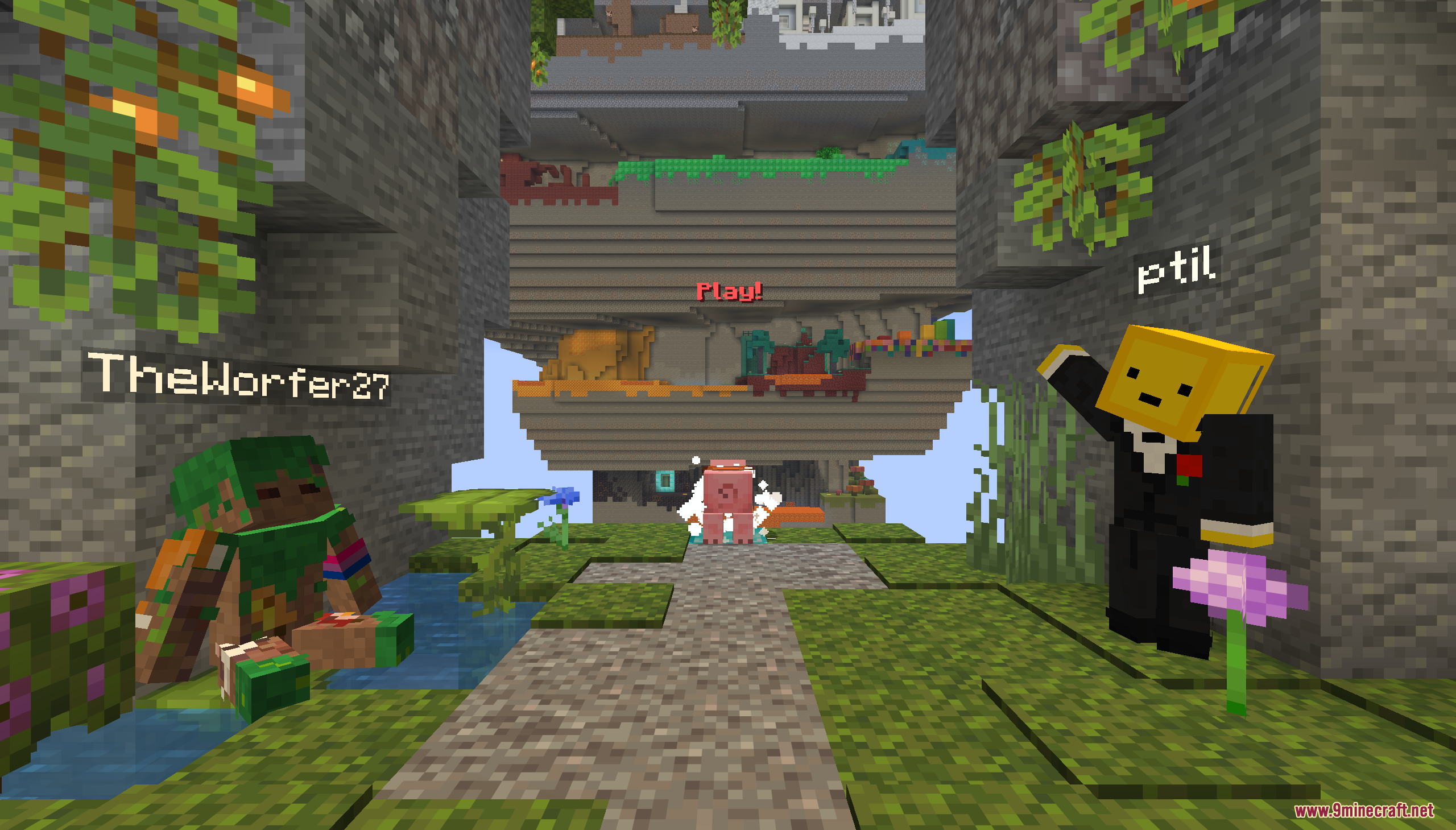 Players gather in a multiplayer lobby on a floating island