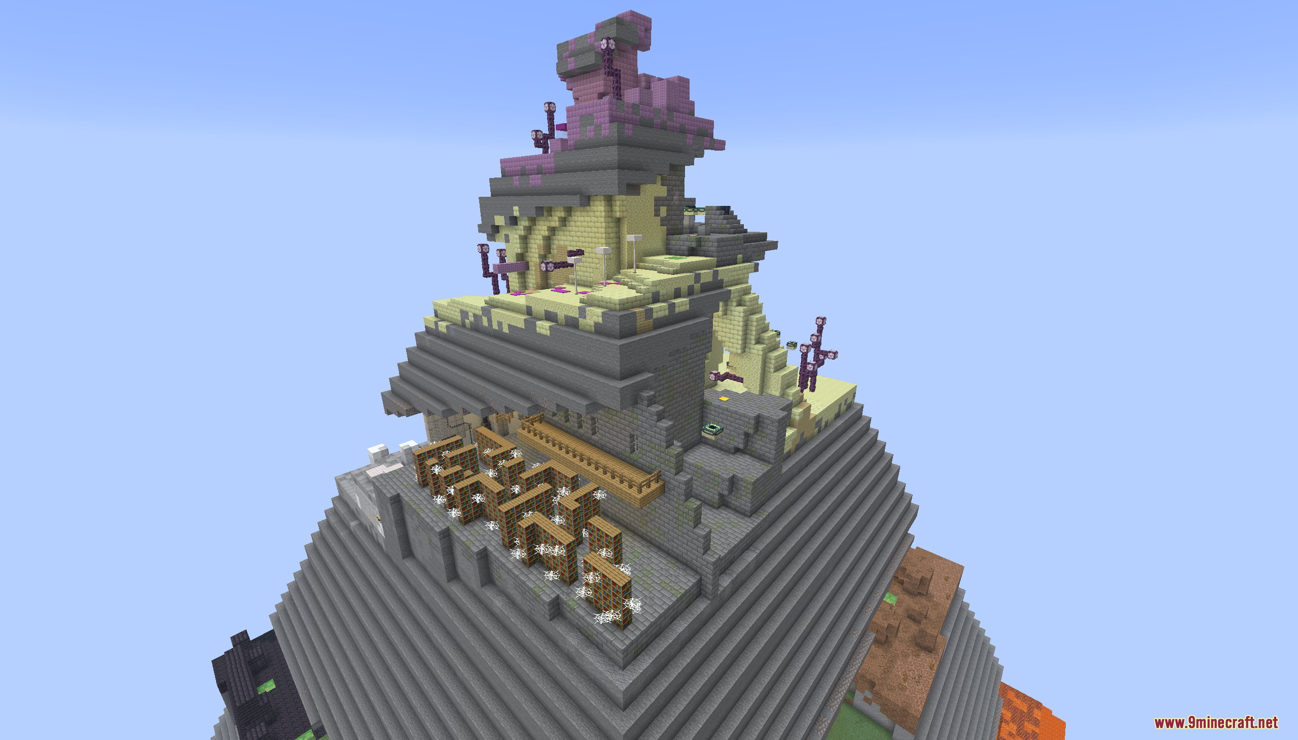 A massive floating pyramid with End-themed structures and a library