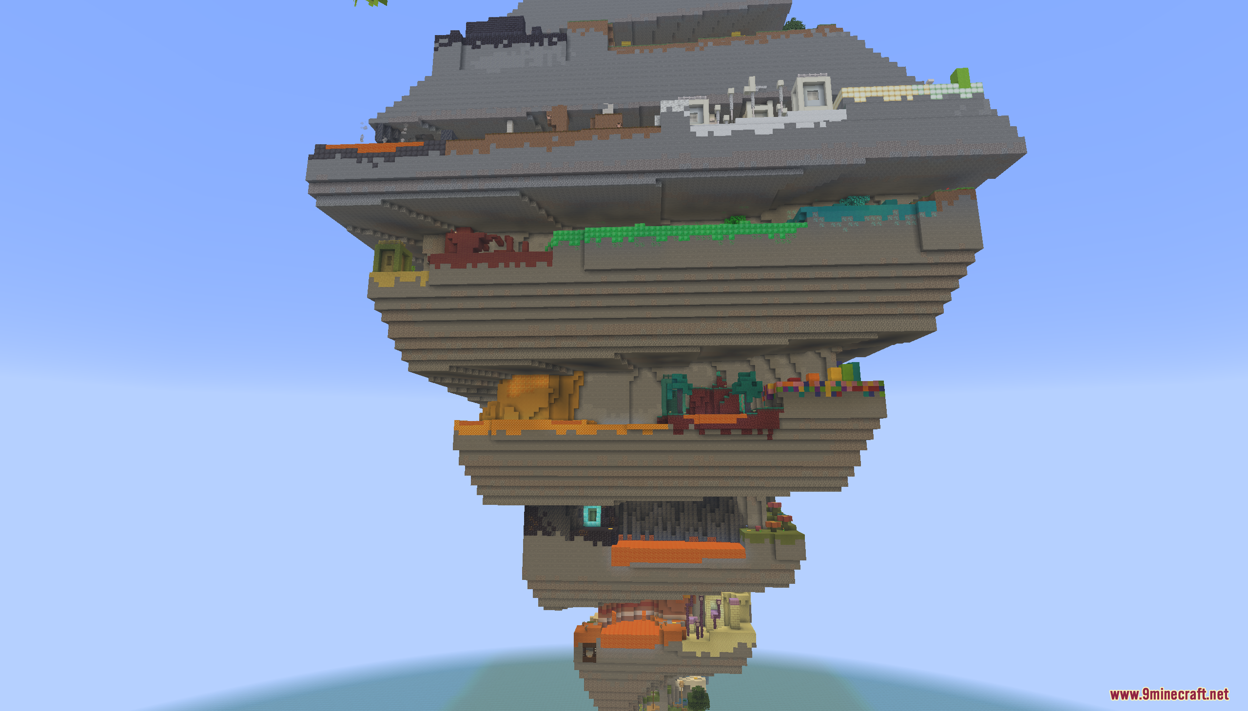 A massive multi-layered pyramid floating high above the ocean