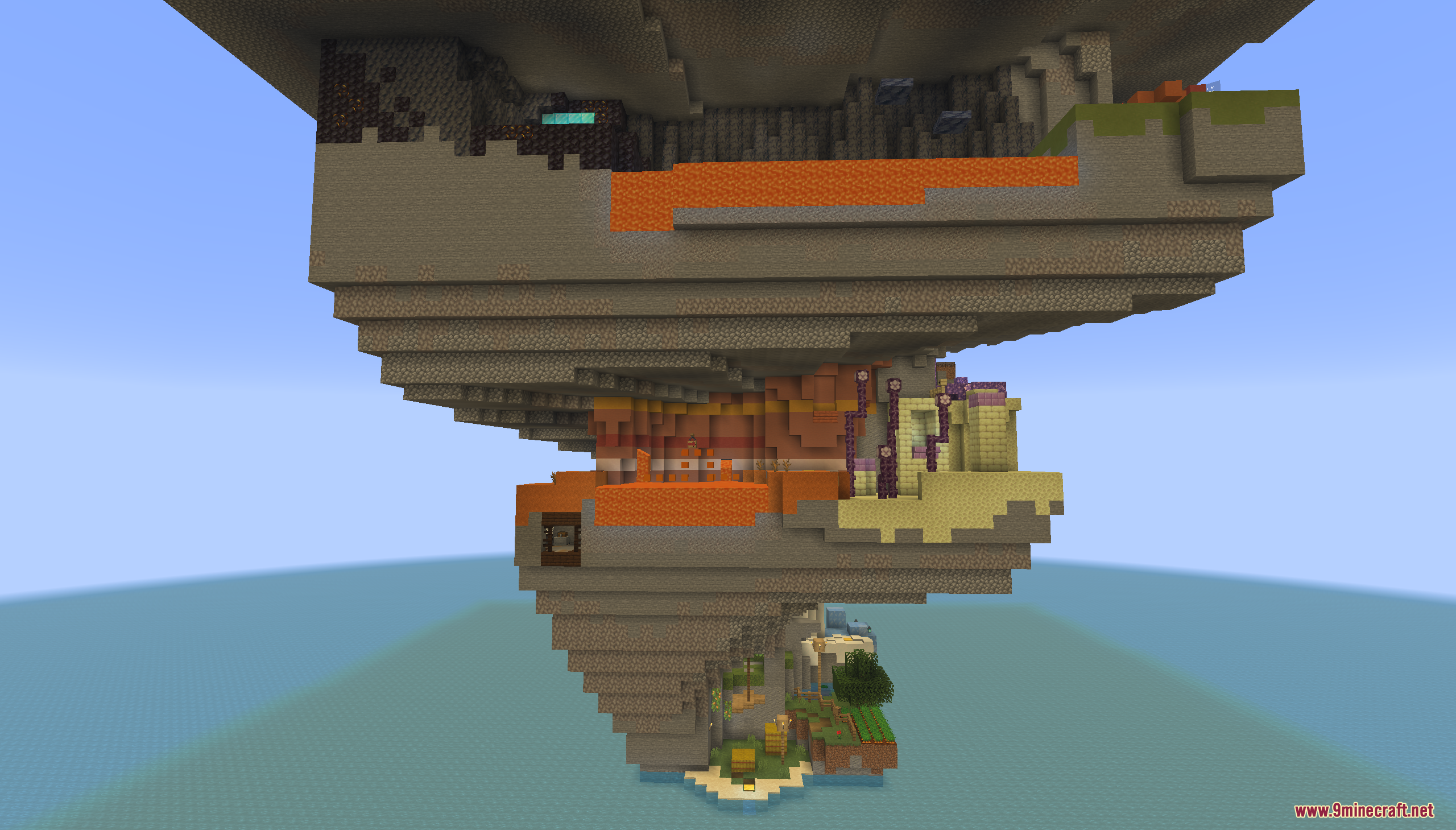 The underside of the floating island reveals multiple biomes