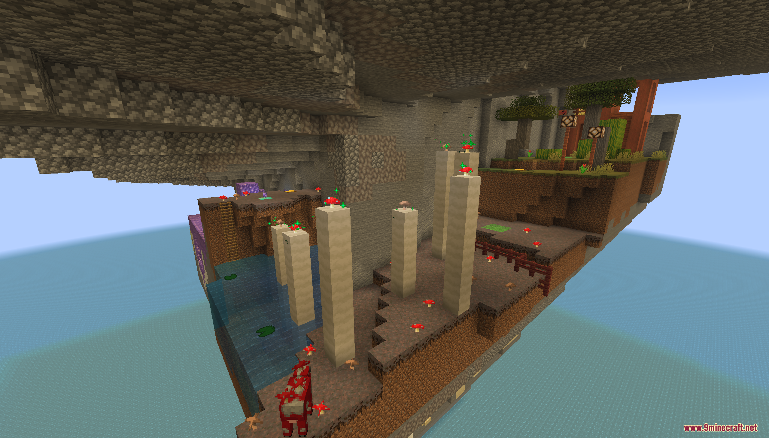 Floating island level with giant mushrooms and a mooshroom