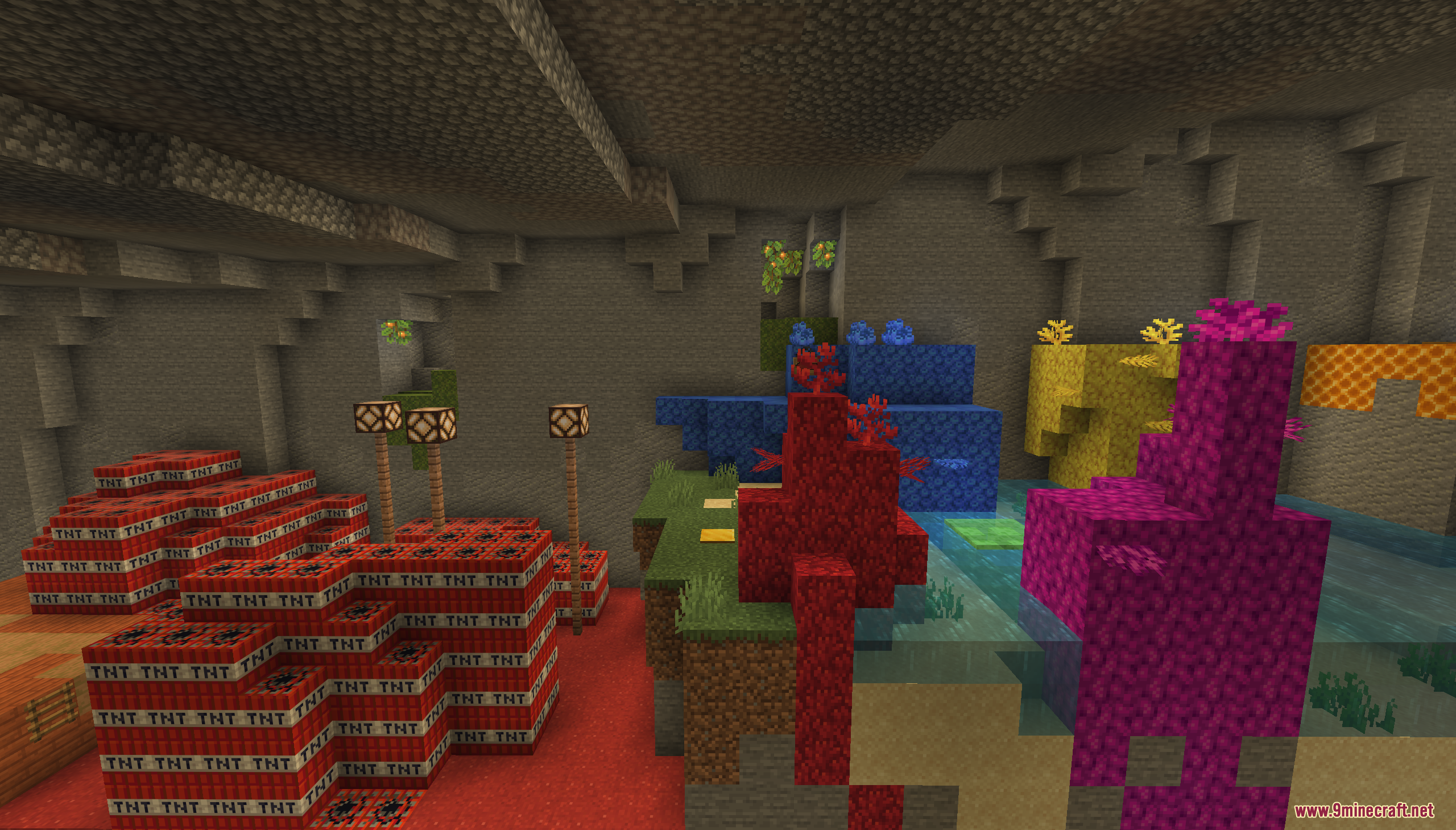 Underground cave with TNT blocks and colorful coral reefs