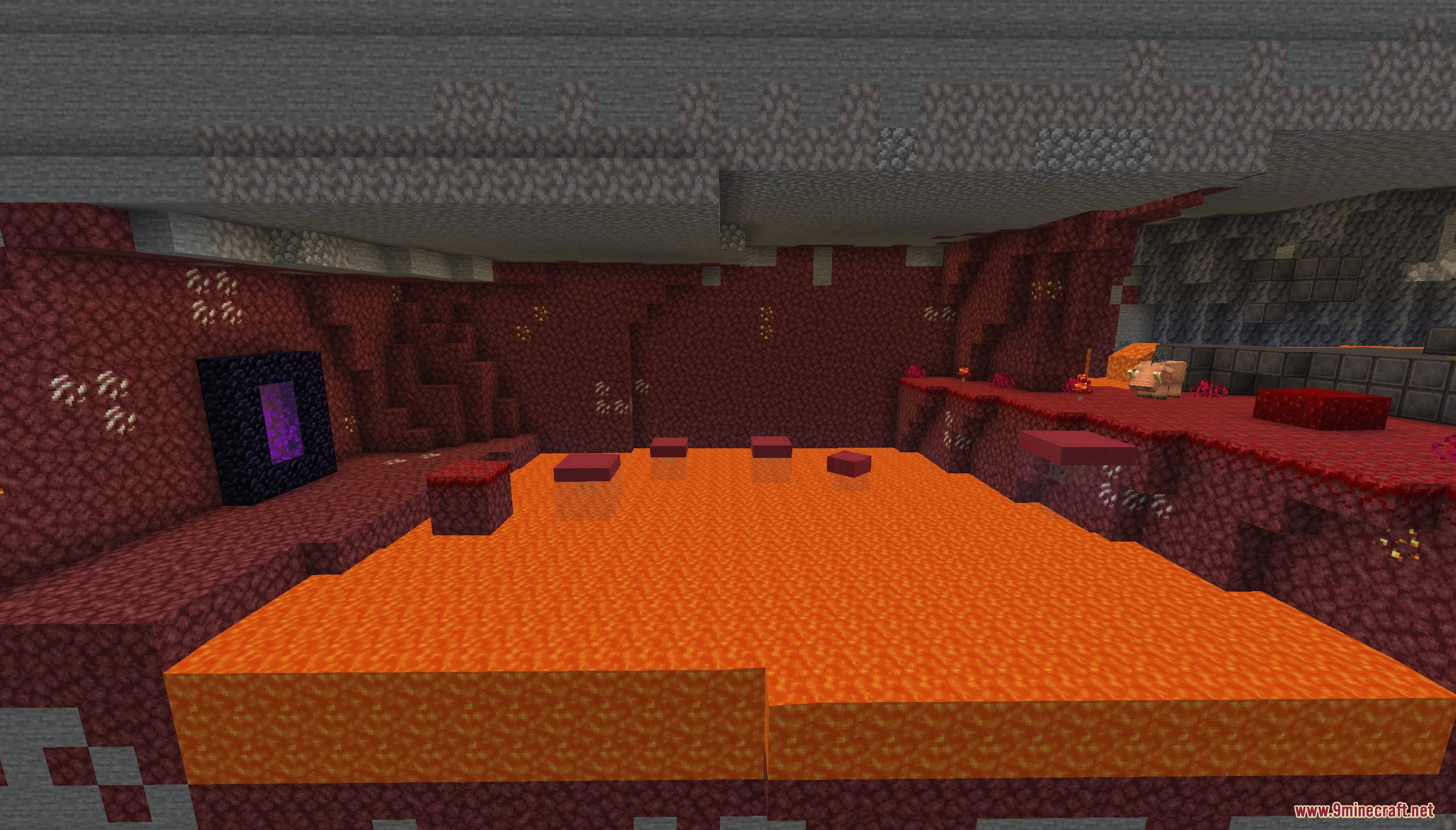 A Nether-themed level with a lava pool and portal