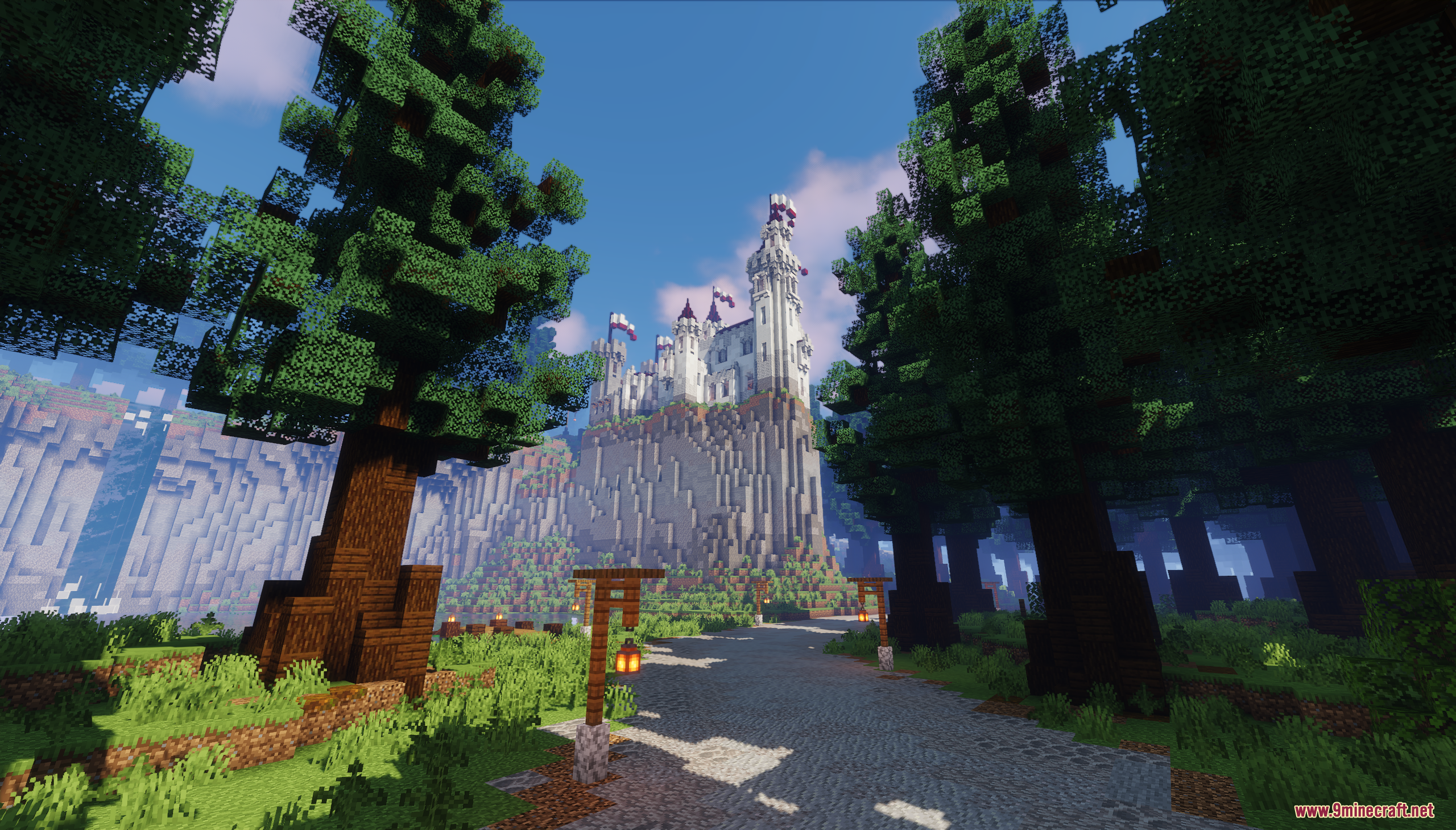 A forest path leads towards the grand Diorite Castle