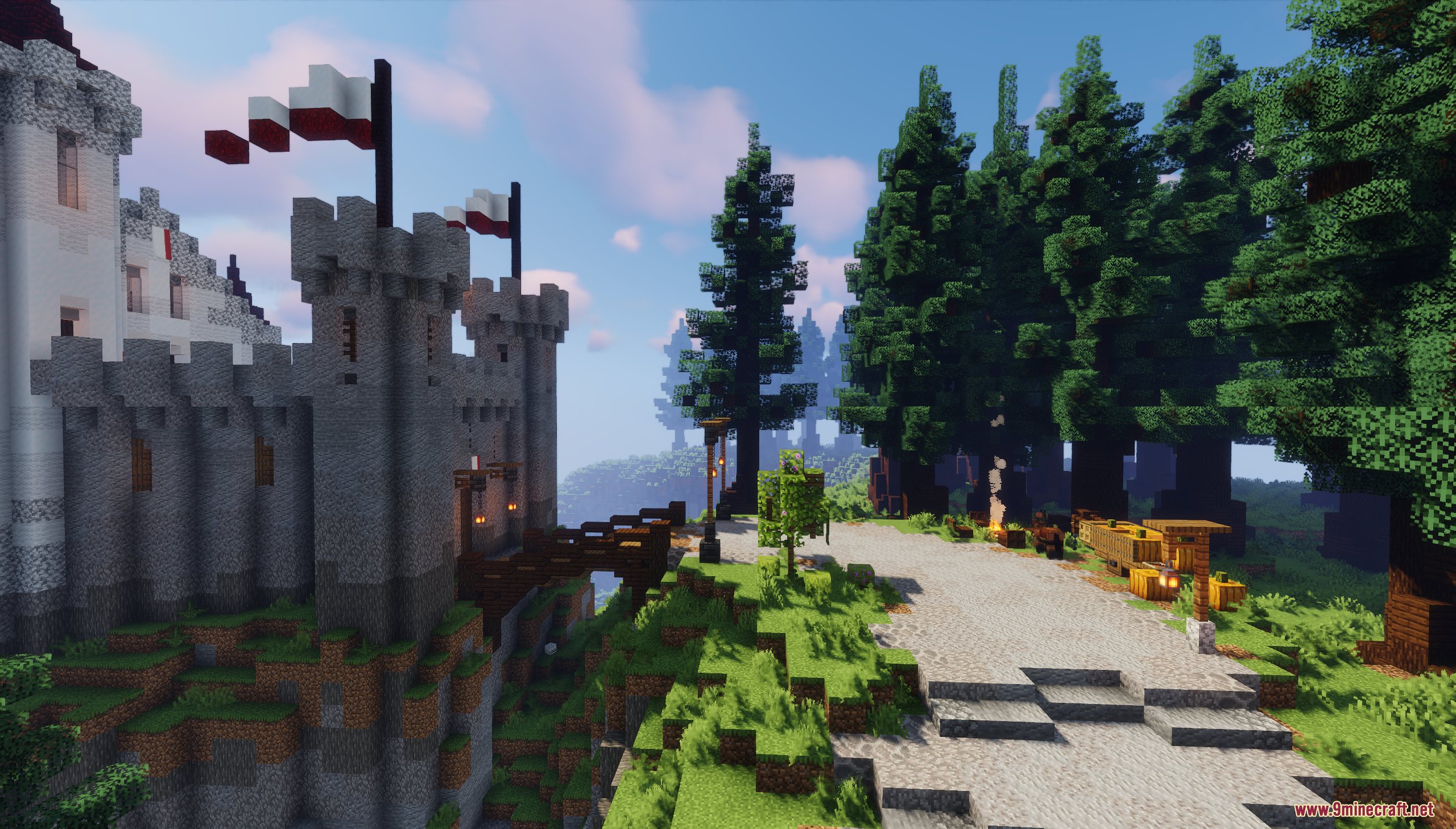 A stone castle on a cliff with a path to a forest